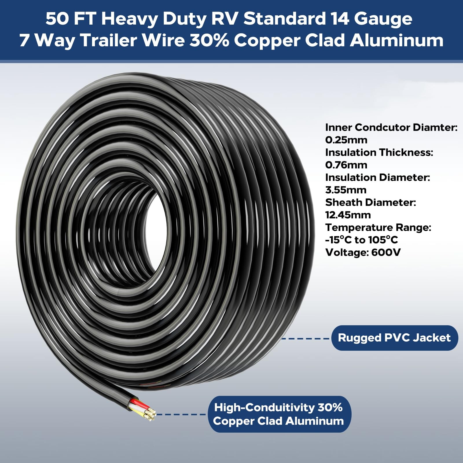 Lcrslitx 50FT 7 Way Trailer Wire, 14 Gauge 7 Conductor Wiring 50 FEET, Black