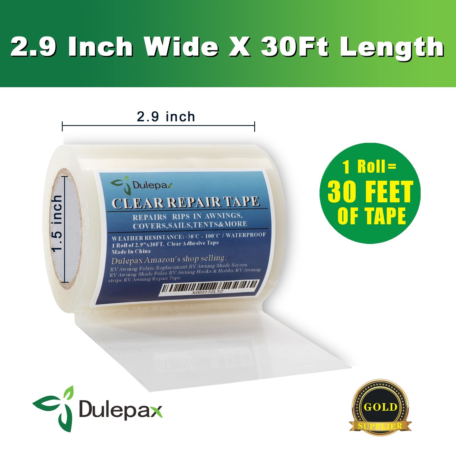 Dulepax-Tent Repair Tape,Awning 30 ft x 2.9″, Clear,Transparent