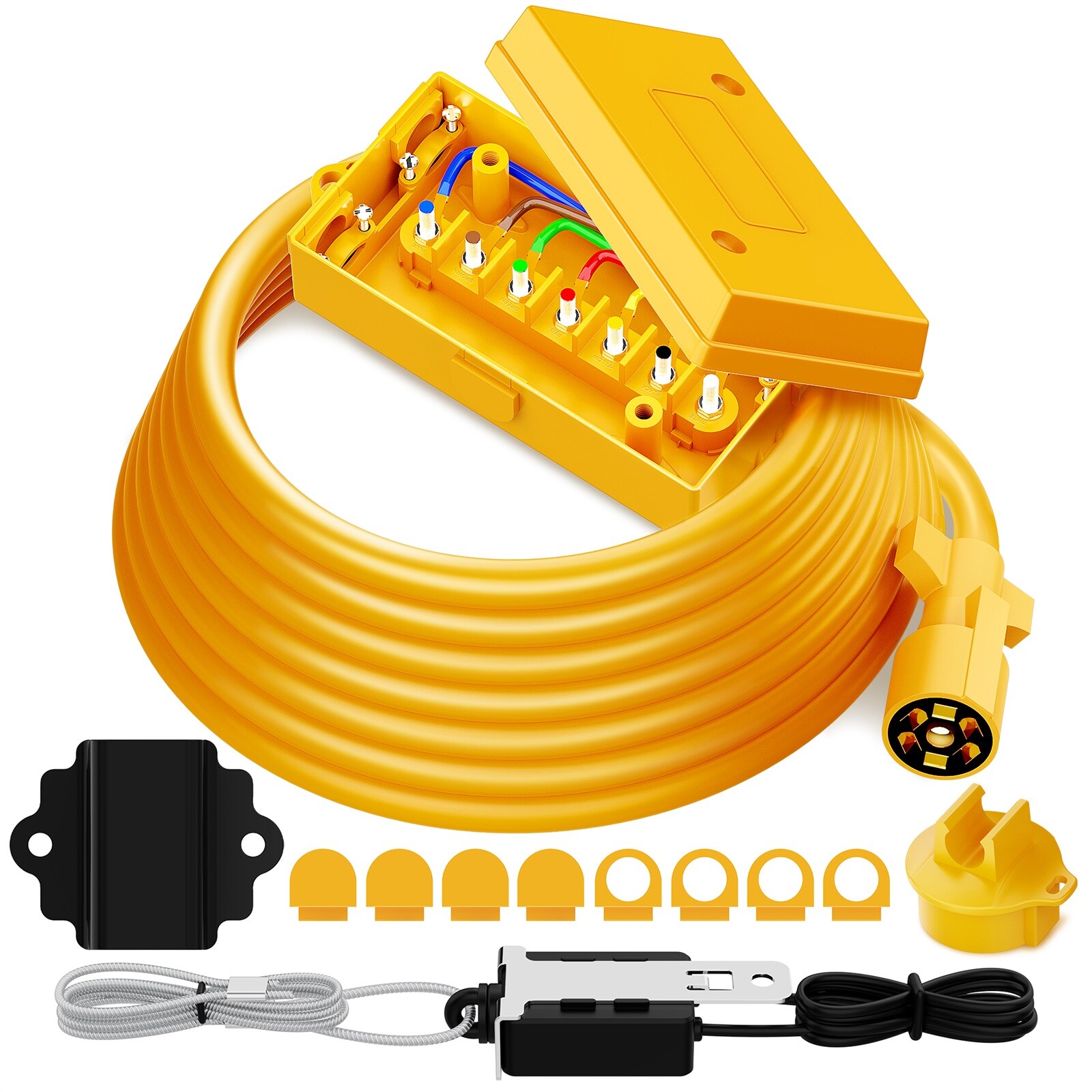 7 Way Trailer Cord – 8ft/12ft/16ft RV Blade Plug Inline Junction Box Cable Wire