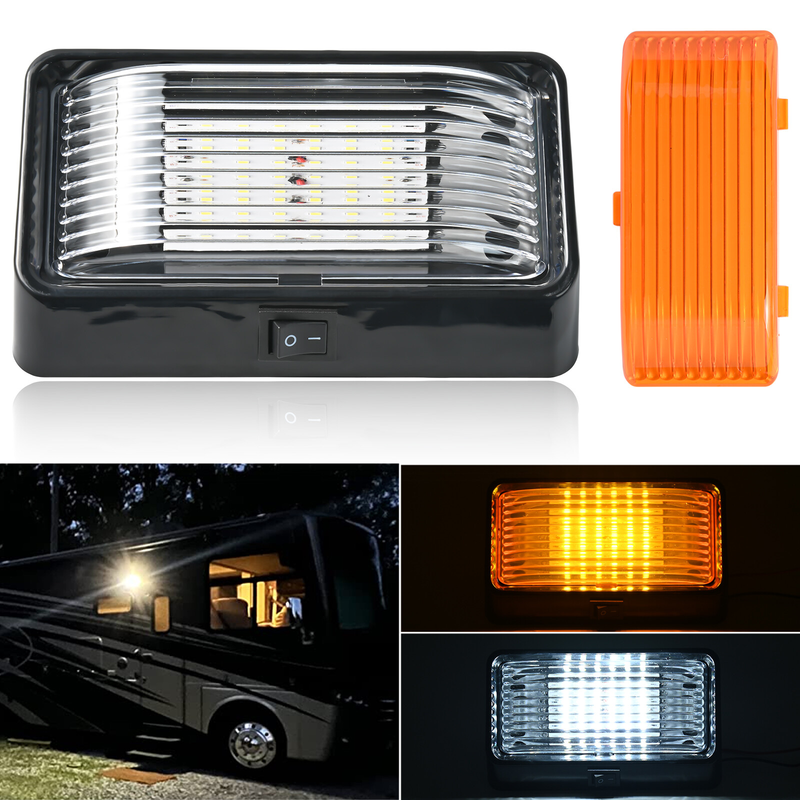 Light Fixture LED RV Exterior Porch Utility Light 12V w/ Switch Clear/Amber Lens