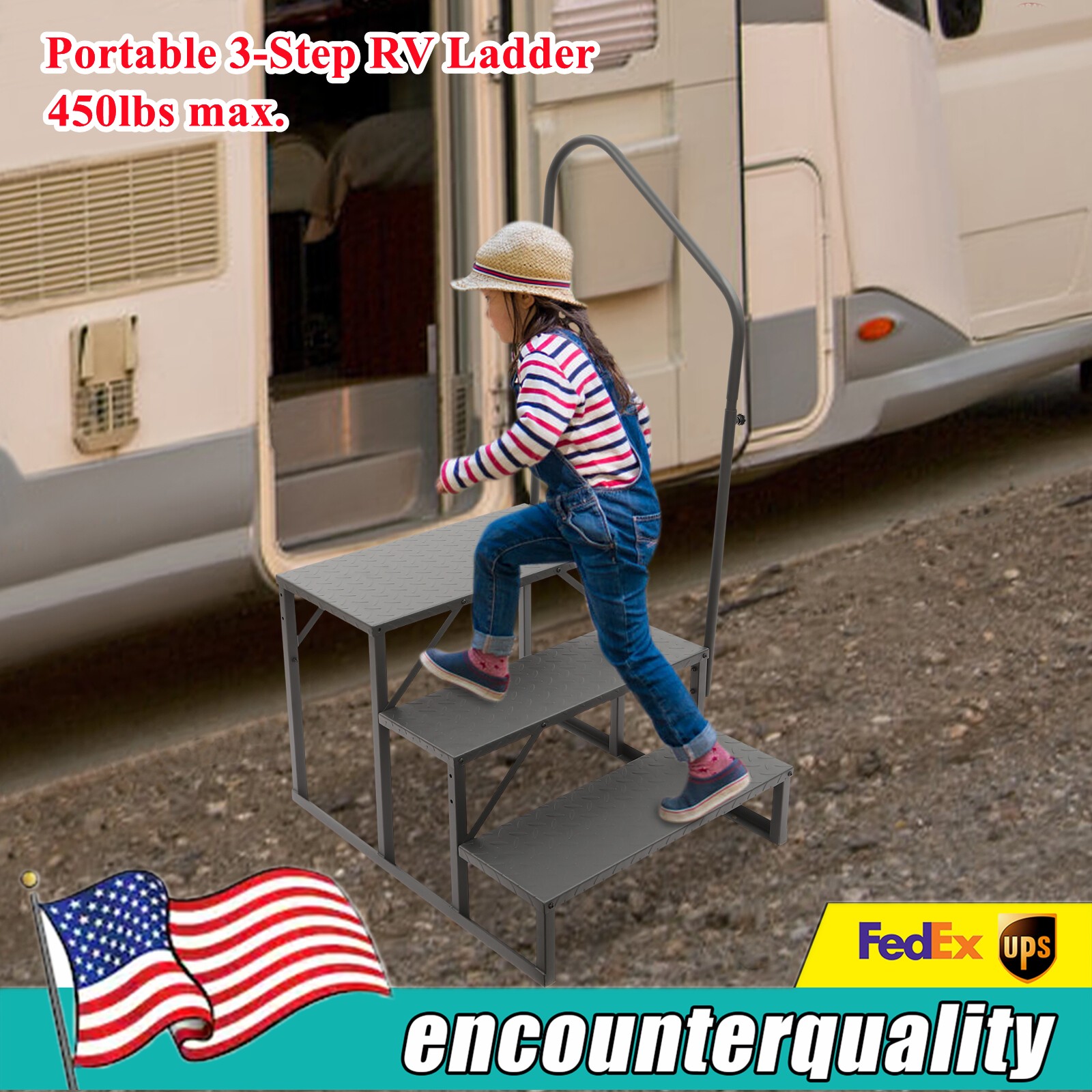 Portable 3 Step Ladder Caravan Camping Rv Accessories Ladder Max Load 450lbs