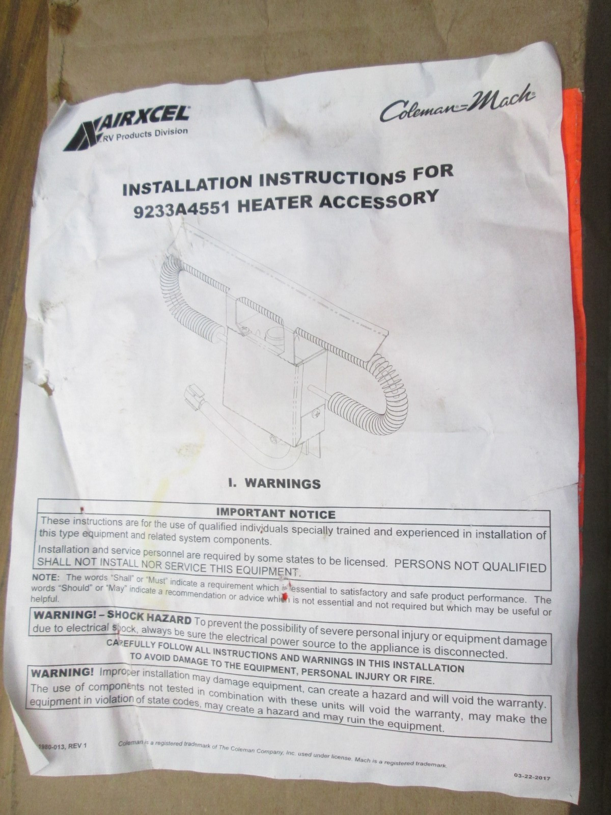Airxcel 9233A electric heat Add on for roof mounted AC in a RV