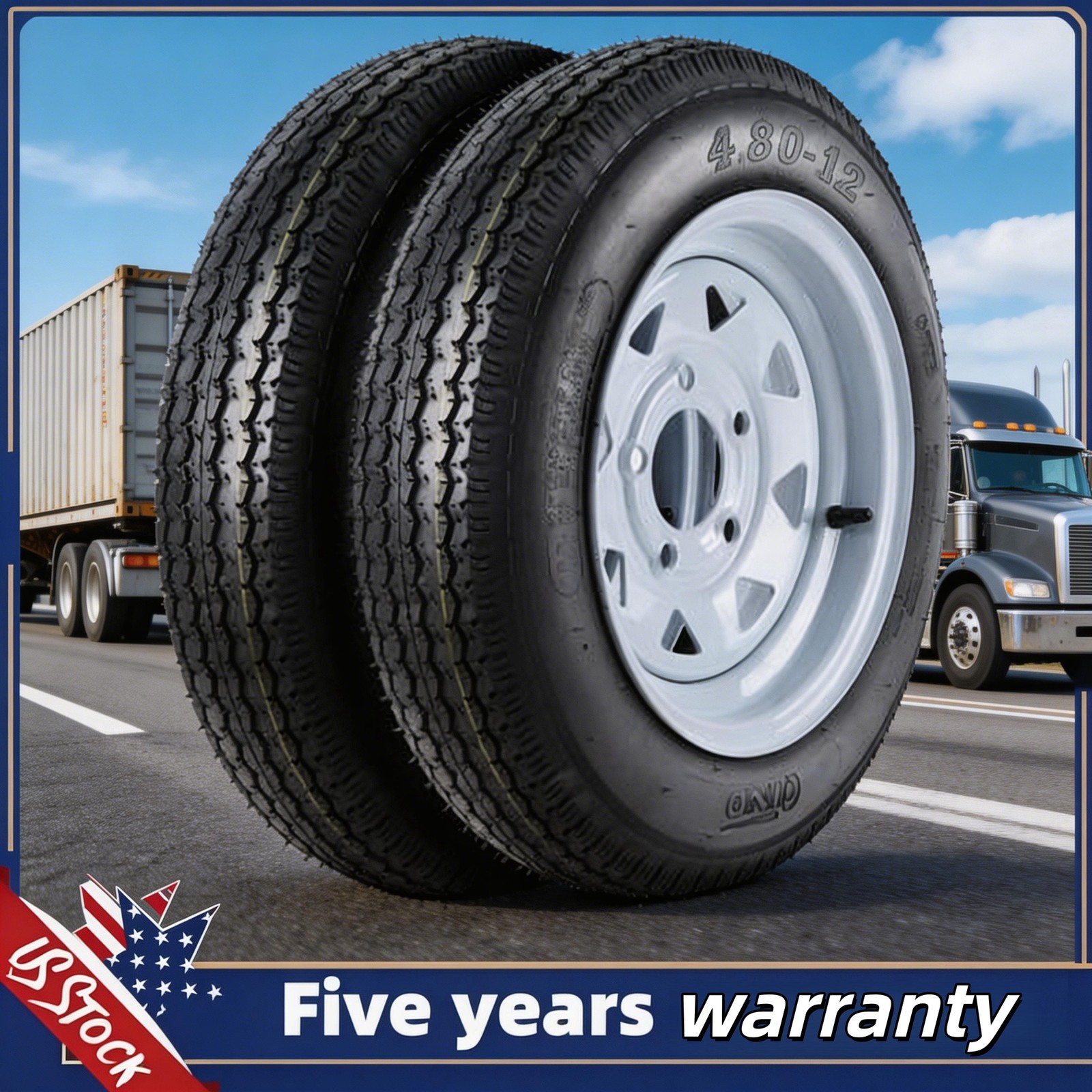 2pcs Trailer Tires Wheels 12″ Rims PCD 4 Lug on 4″ 6PR 4.80-12 Load Range UA