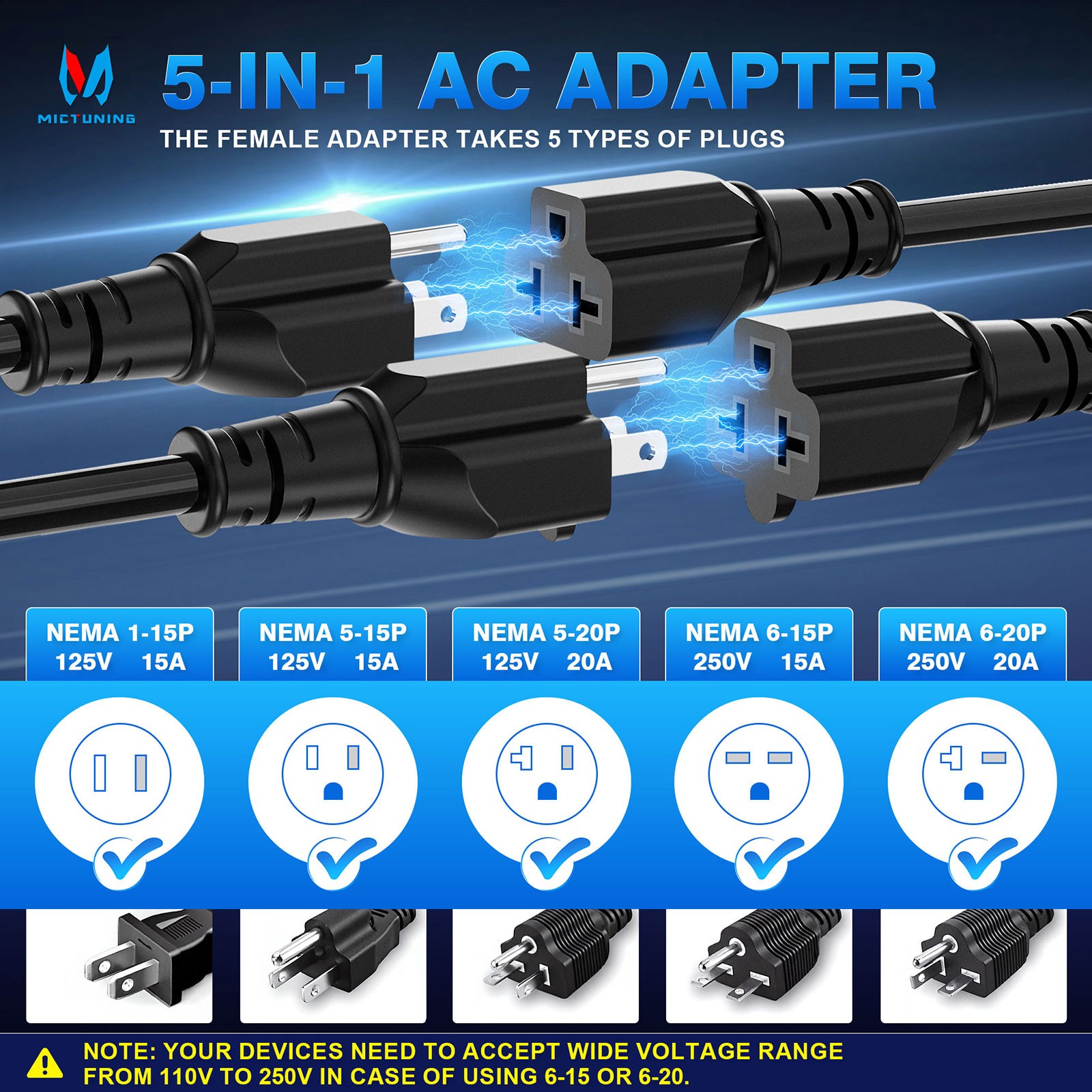 MICTUNING 5-in-1 AC Port Plug 20A RV Power Inlet Plug Extension T-Blade Adapter
