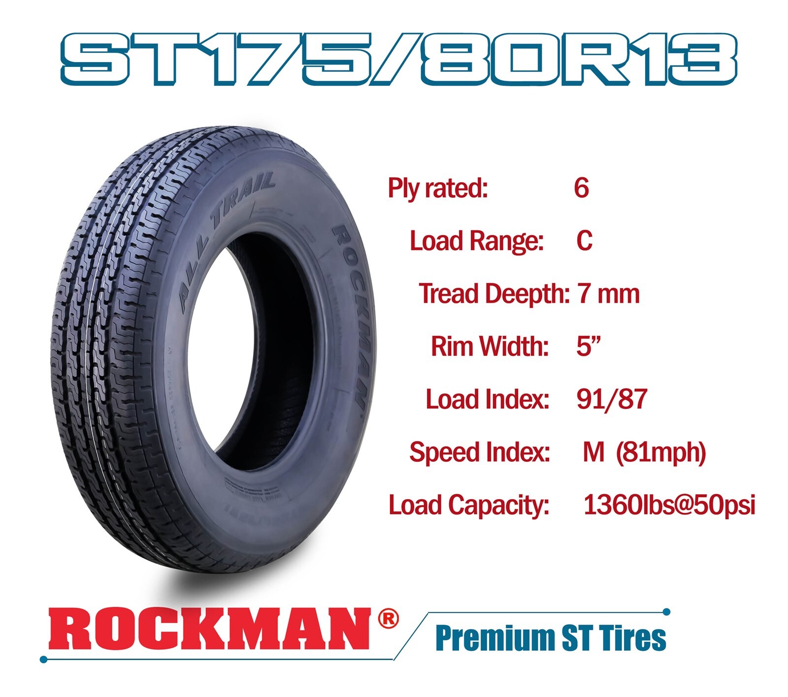 2 ROCKMAN Trailer Tire ST175/80R13 6-Ply Load Range C 91M Steel Belted Radial