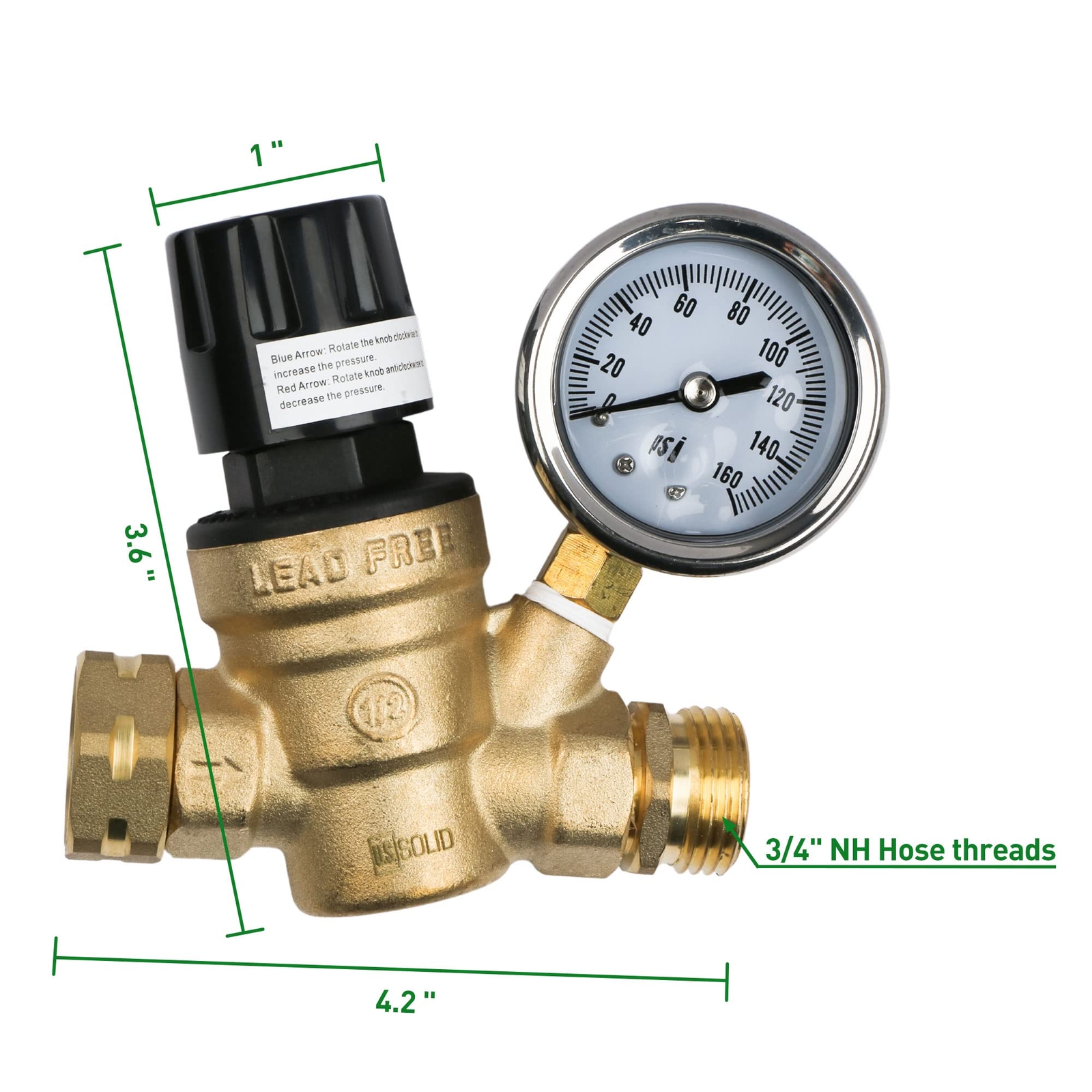 U.S. Solid RV Water Regulator Valve 3/4 inch NH Thread Brass Hand Adjustable