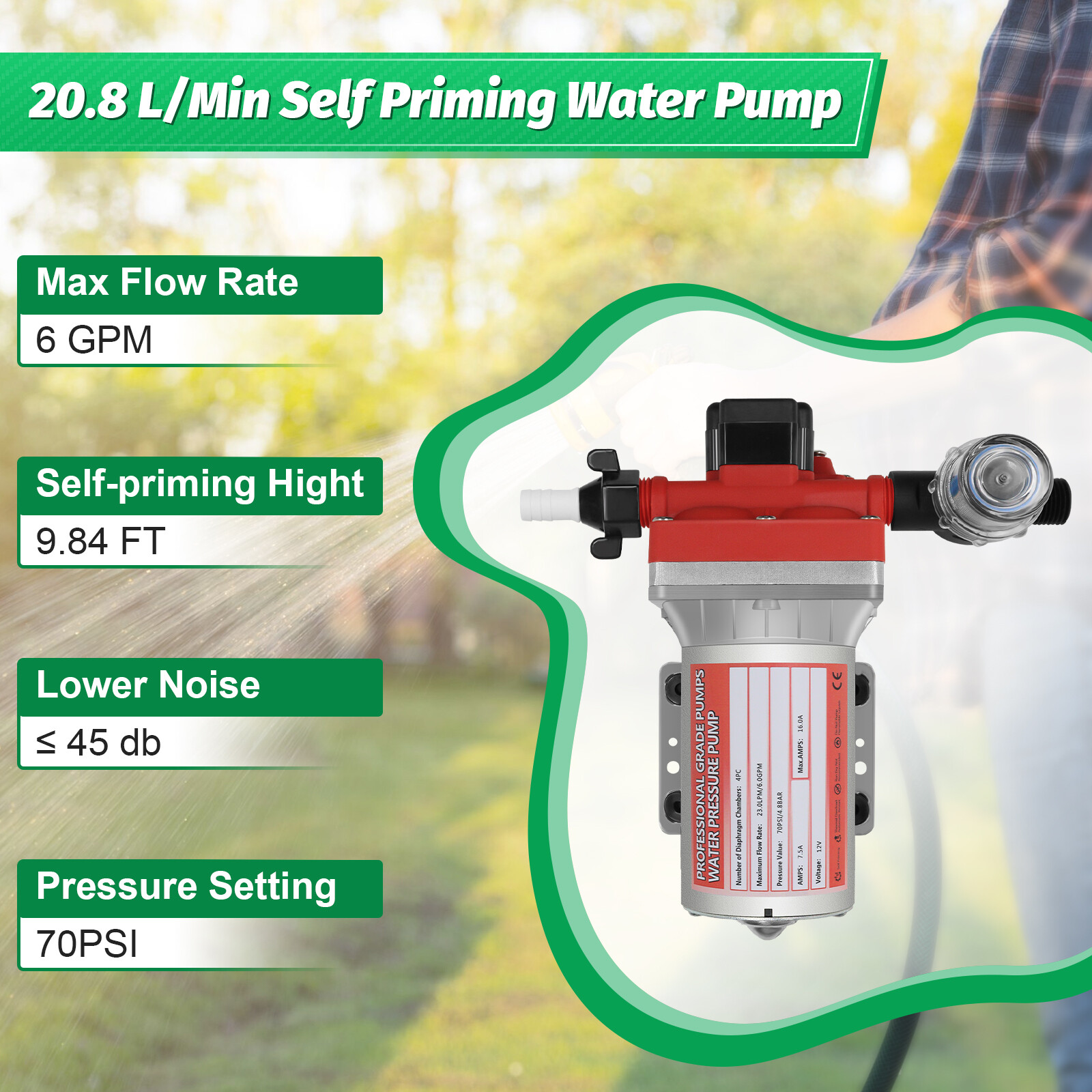 12V 6GPM Water Diaphragm Pump Self-Priming Pump High Pressure 70PSI for RV Boat