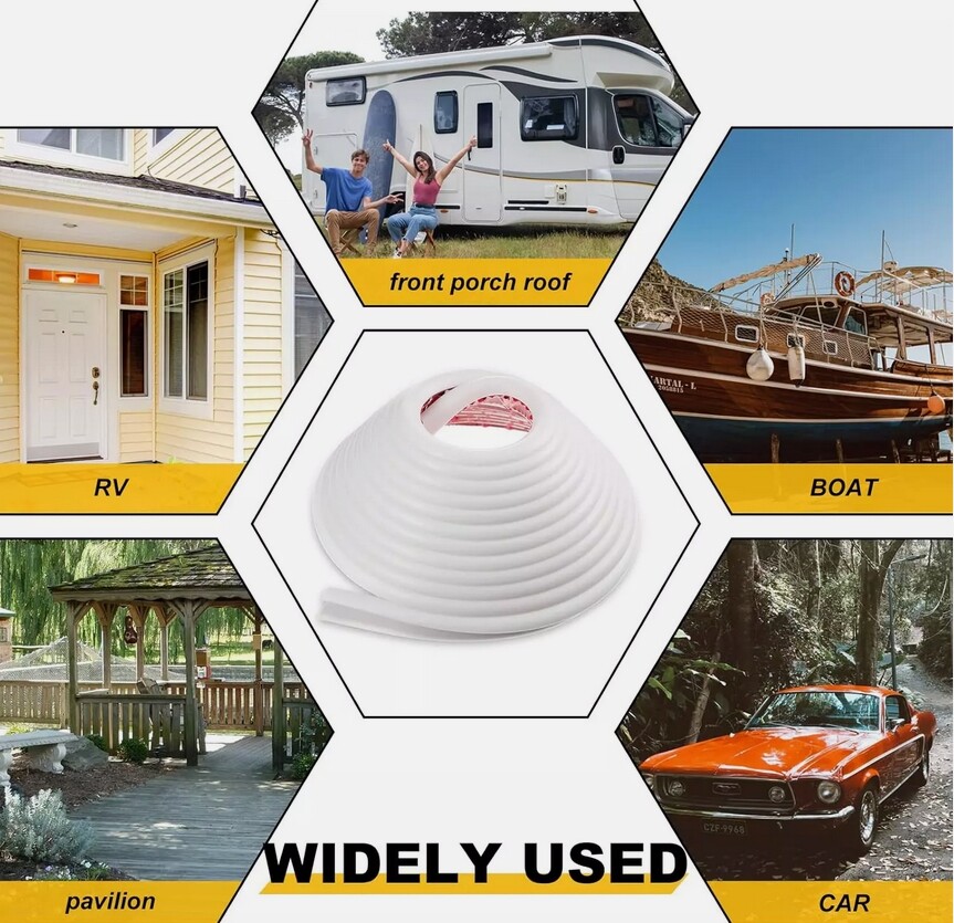 J Shape 16 FT For RV Boat Rain Gutter Trim Flexible PVC with Self-adhesive Tape