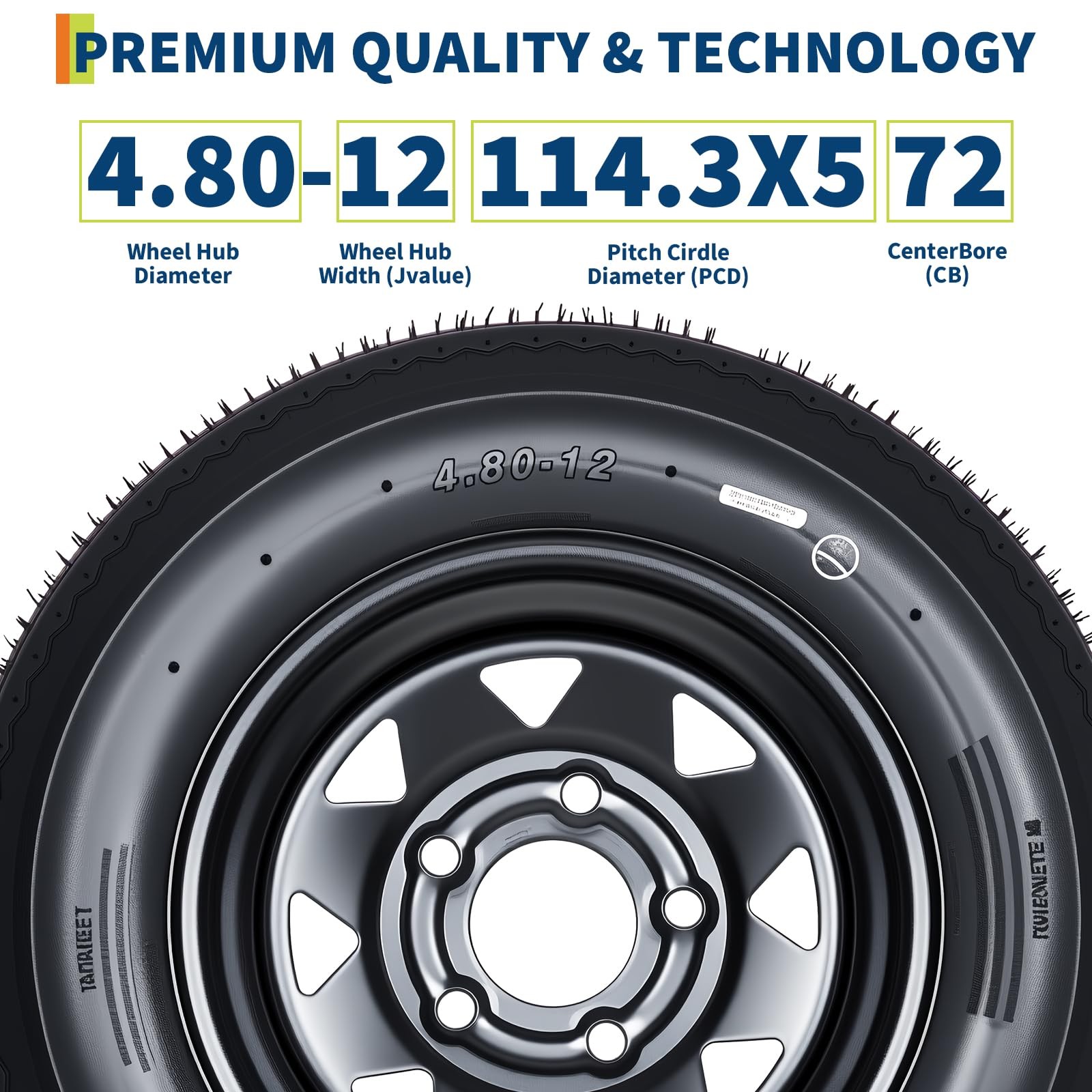 2pcs Trailer Tire on Rims 4.80-12 480×12 4.80×12 6PR Black Wheels ,5 Lug on 4.5″