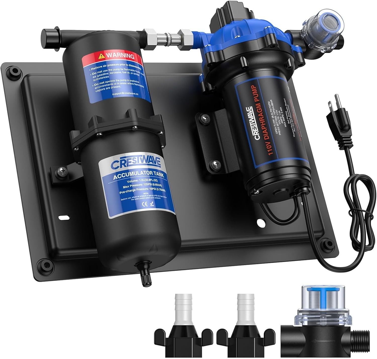CrestWave RV Water Pump 110V AC 7GPM 70PSI and 1L 125PSI Pre-Pressurized Accumul