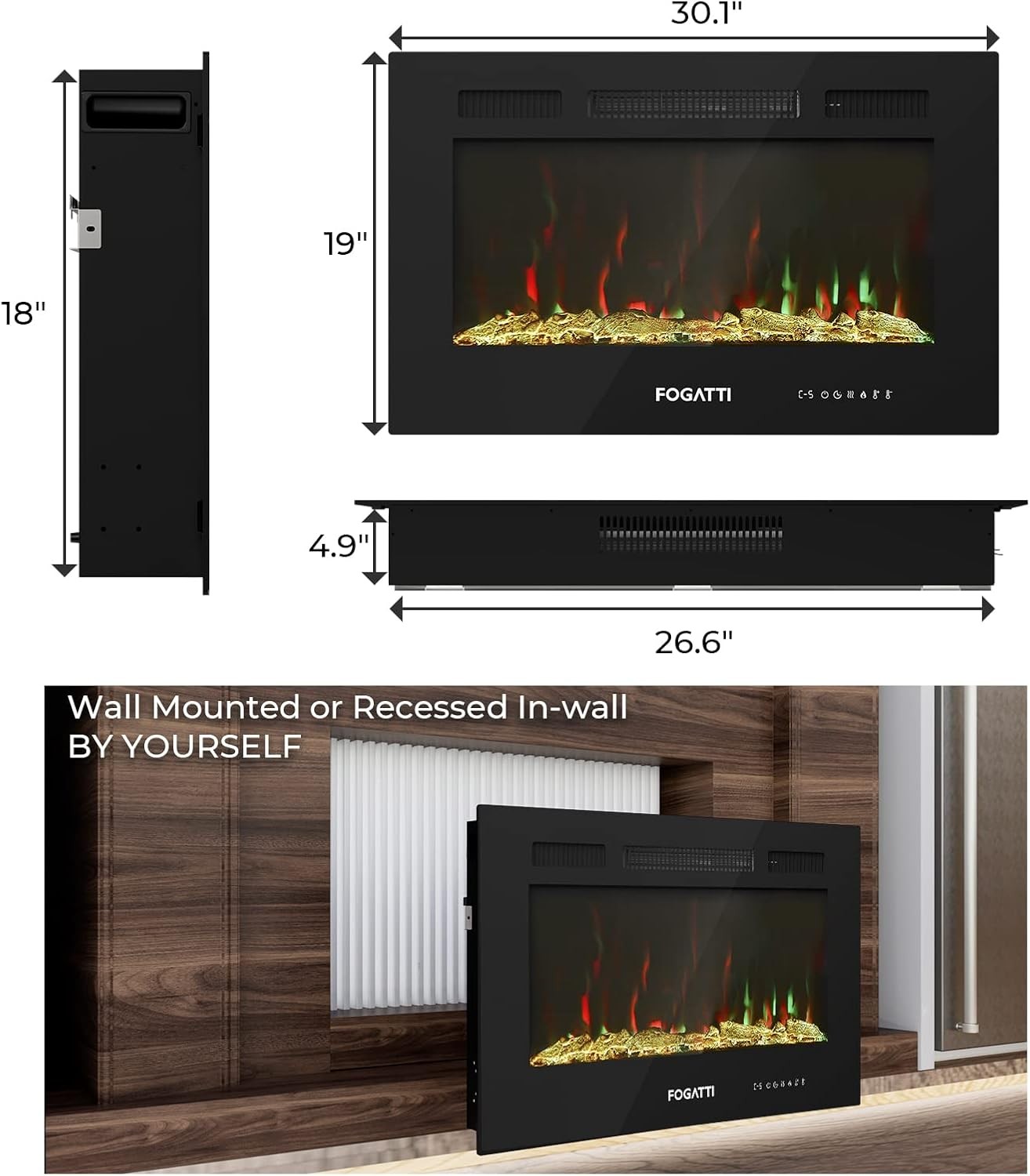 RV 30” 36” Electric Fireplace Wall Mounted/Recessed for Camper Trailer Heating