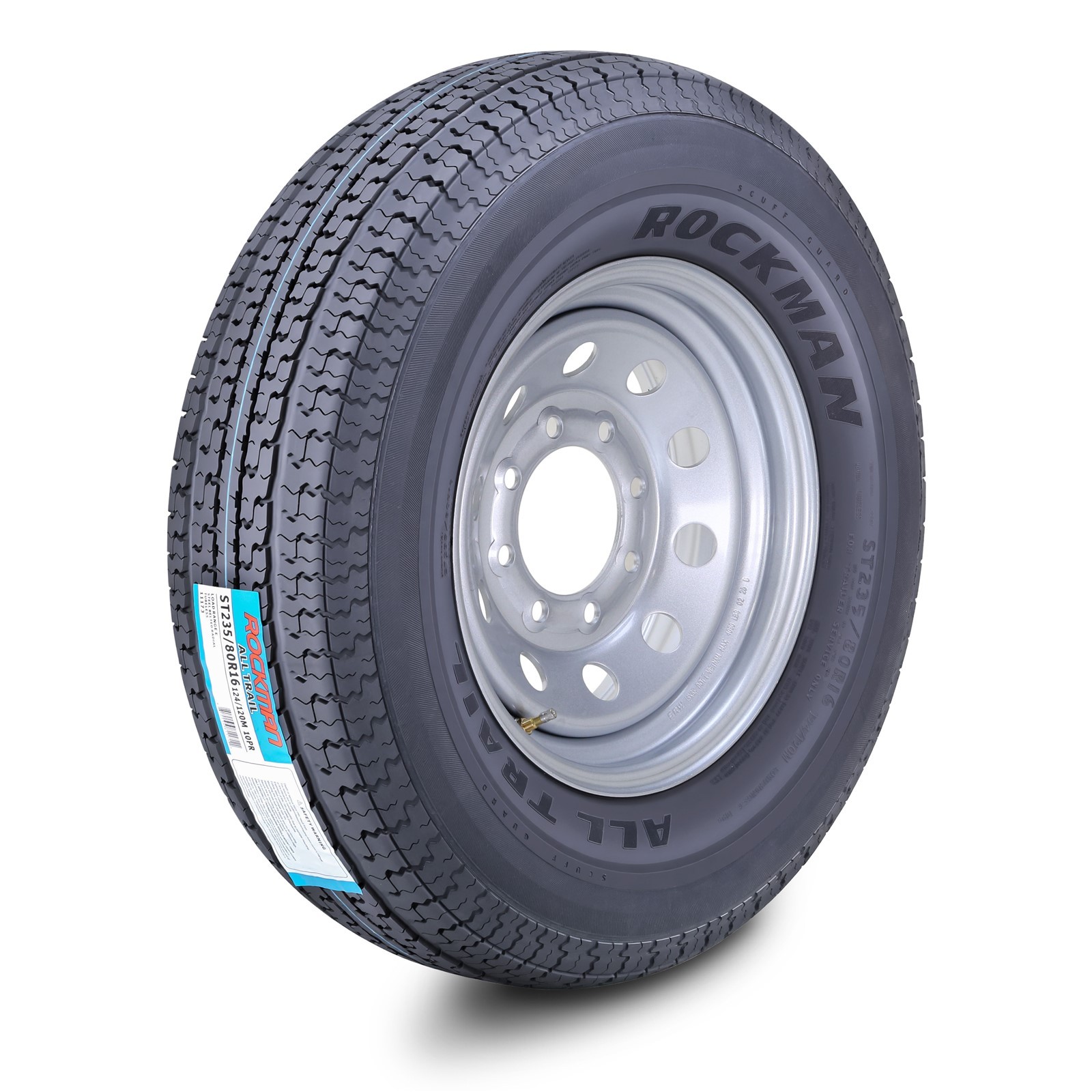 ROCKMAN Trailer Tire Wheel ST235/80R16 10-Ply E 124M 8×6.5 PCD Silver Mod Rim