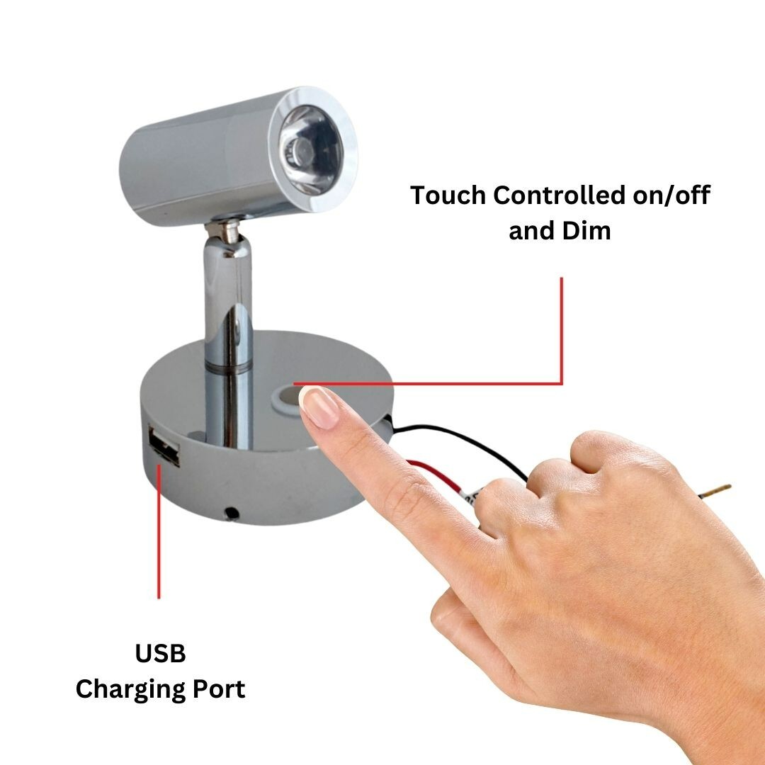 LED Reading Light 12V 24V Chrome Spotlight Touch Switch USB Caravan Boat Lamp