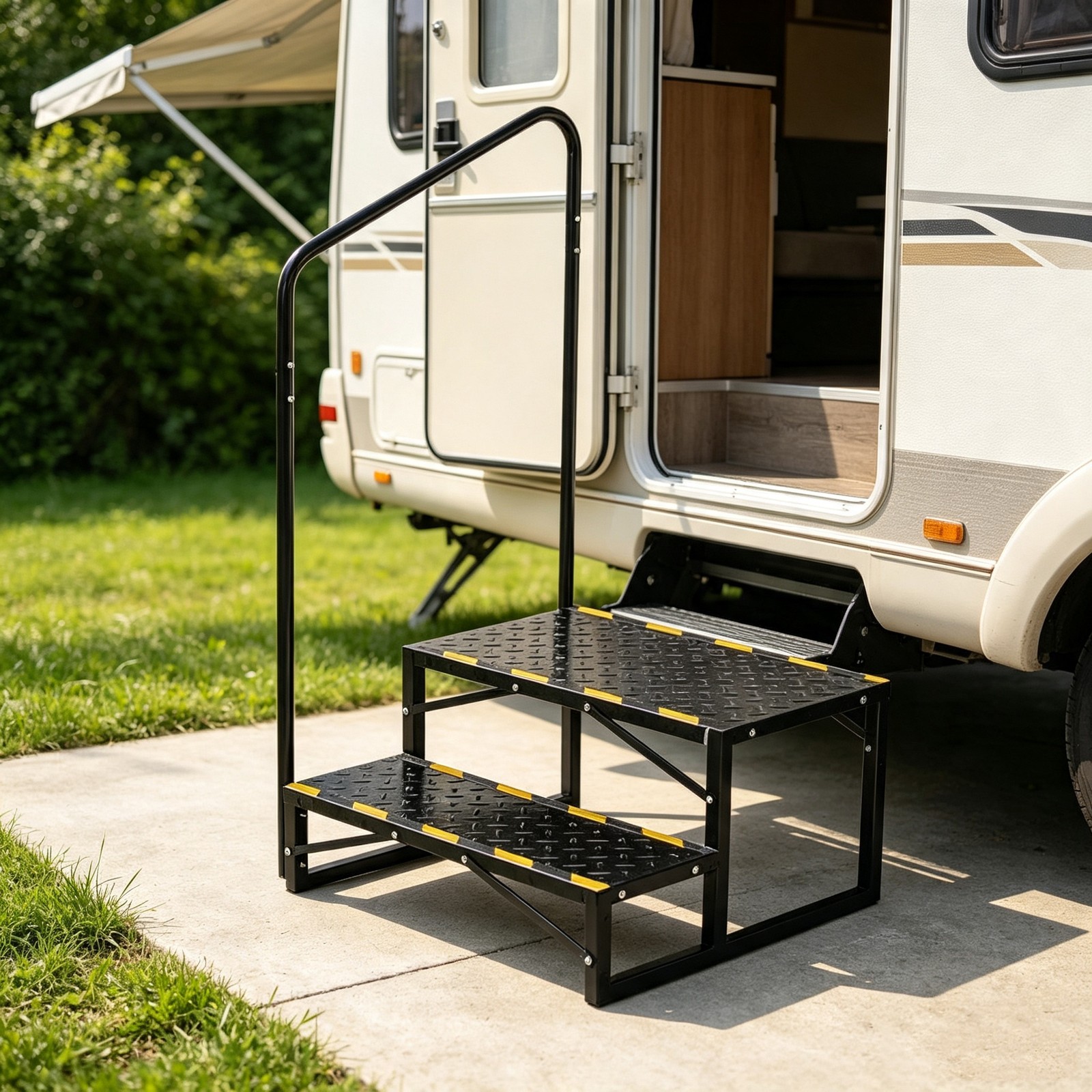 2 Step RV Stairs with Handrail Heavy Duty Non Slip Steps for Camper Porch Indoor