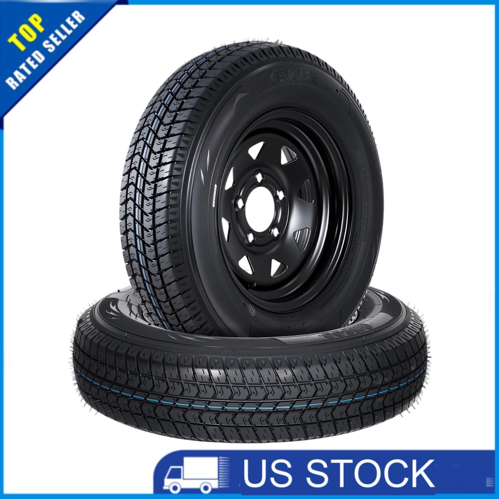 2 Pack Trailer Tires Rim ST205/75D15 6-Ply Black Wheels 15″ Rim 5 Lug on 4.5″