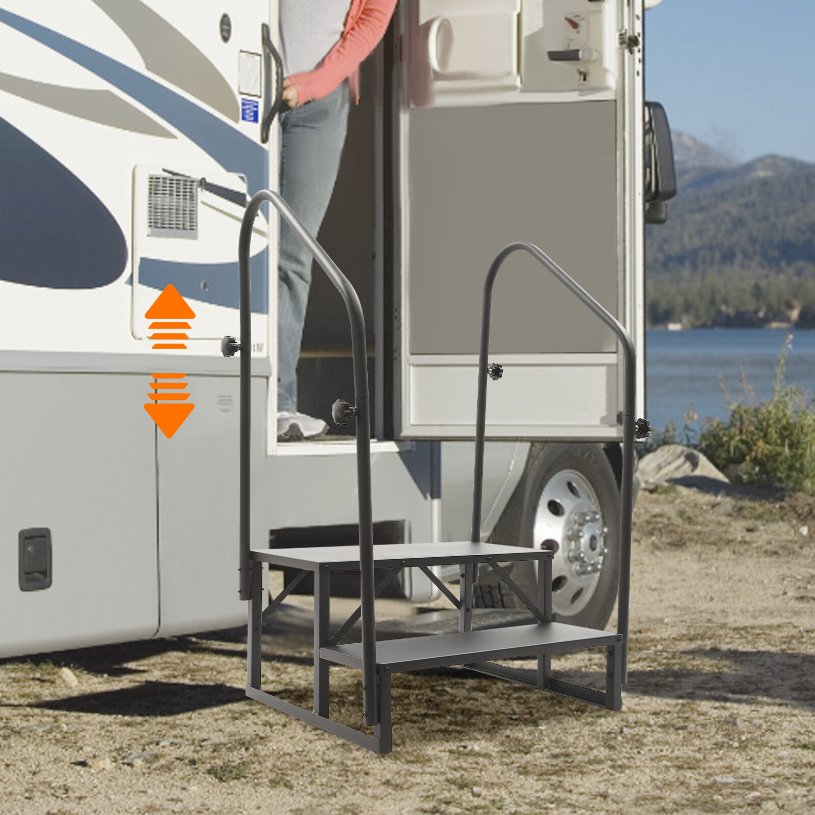 Heavy-Duty 2-Step RV Stairs With Dual Handrails Portable Steel Steps