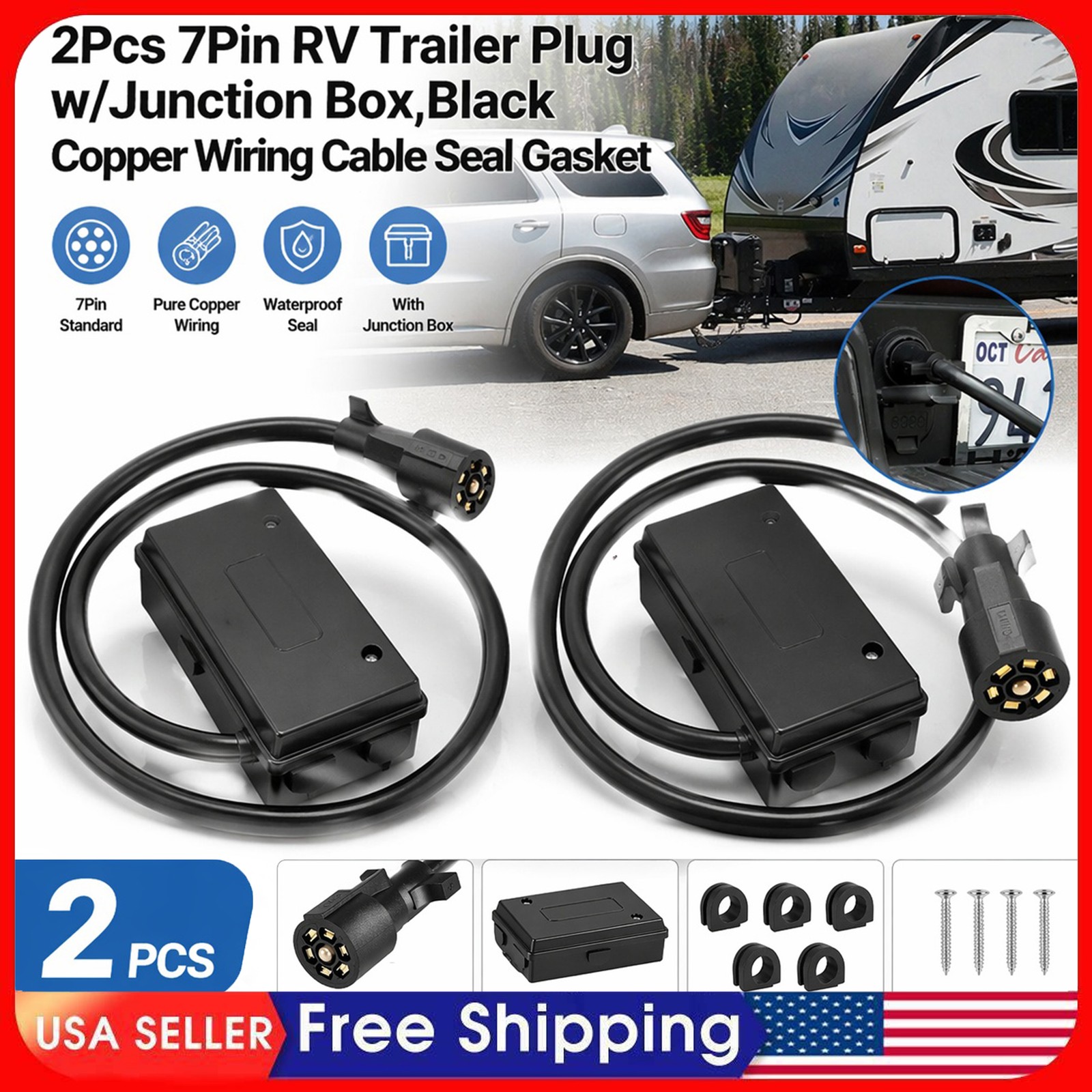2Pcs 7Pin RV Trailer Plug w/Junction Box,Black Copper Wiring Cable Seal Gasket