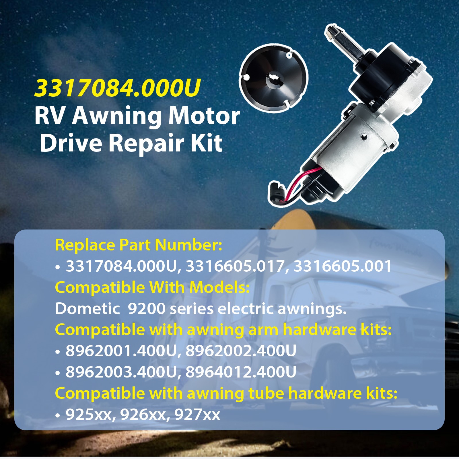 RV Awning Motor Drive Kit Black 3317084.000U Fits Dometic 9200 Series Awnings