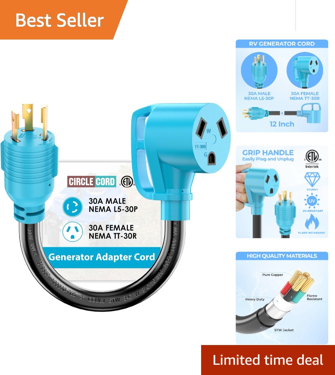 Durable 30 Amp Twist Lock Adapter – 50 ft RV and Generator Cord with Grip Handle