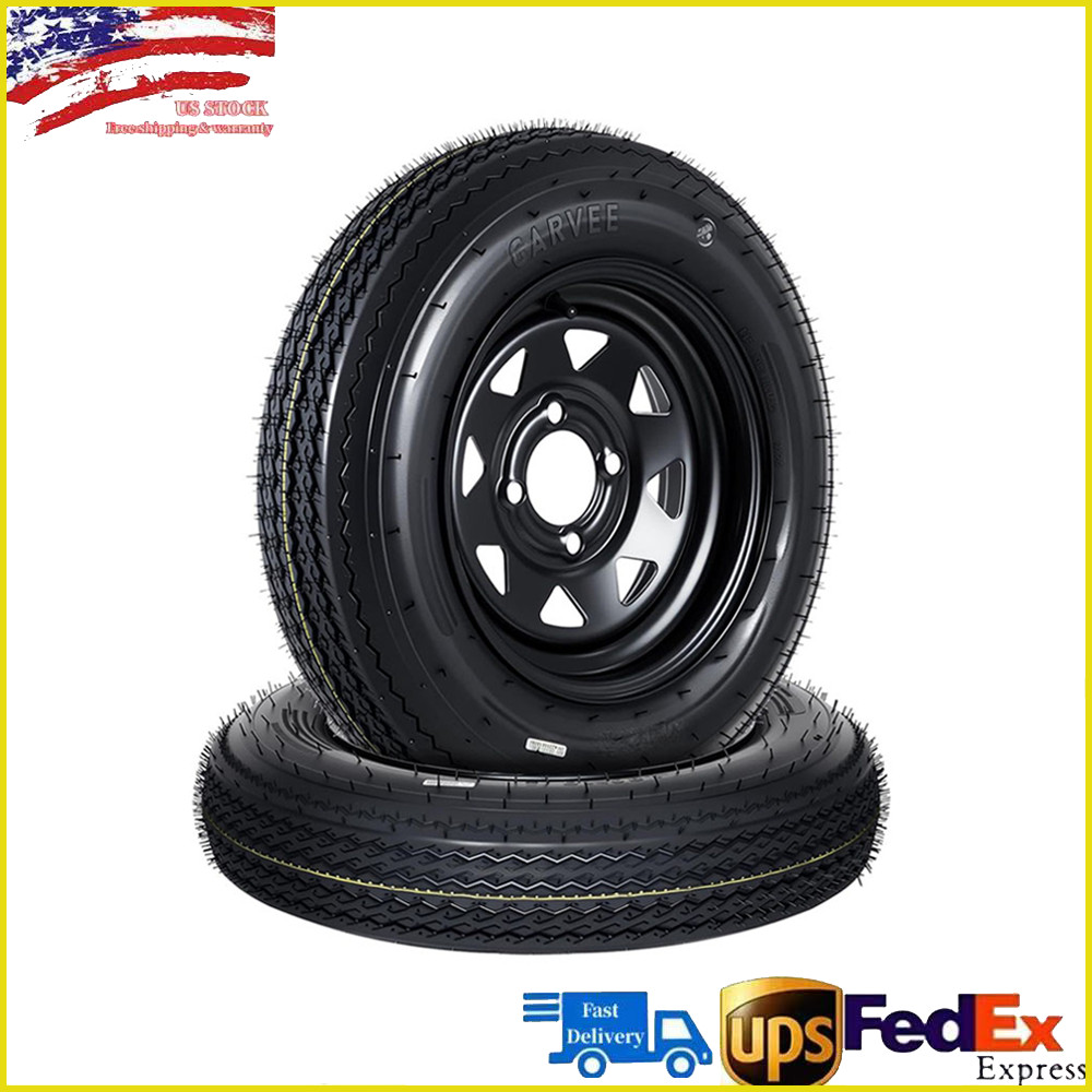 2pcs 4.80-12 4.80×12 4.8-12 Trailer Tires with/and Rims 4 Lug on 4″ Black Wheels