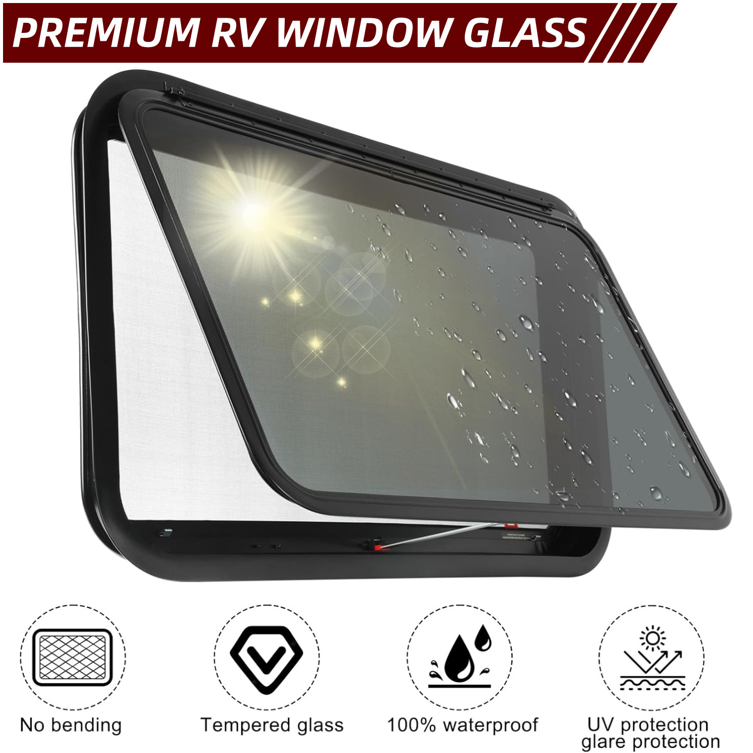 36″x22″ RV Exit Window Emergency Push Out Glass DOT Certified w/Removable Screen