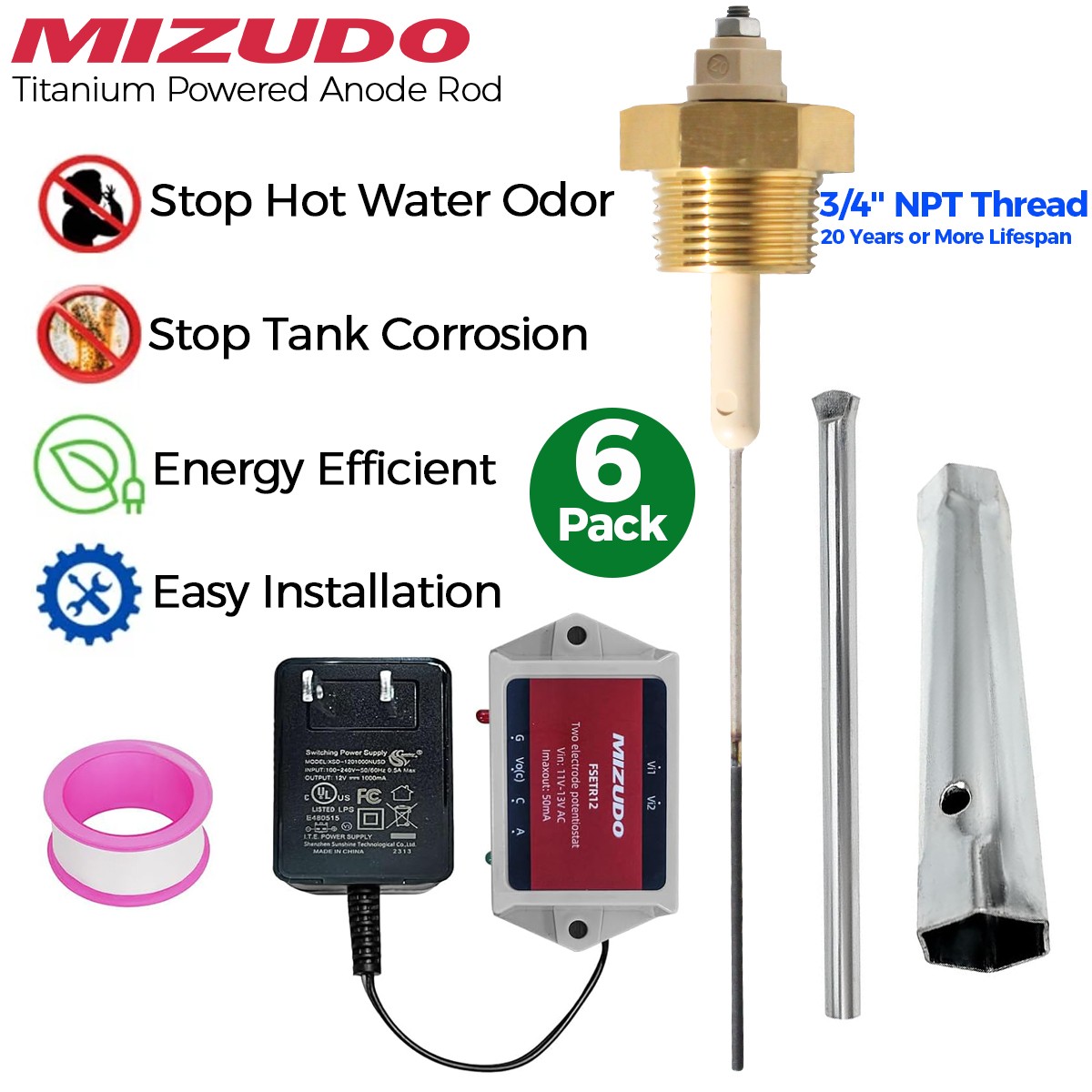 Powered Anode Rod for RV/Home Tank Water Heater Stops Corrosion Sulfur 3/4” NPT
