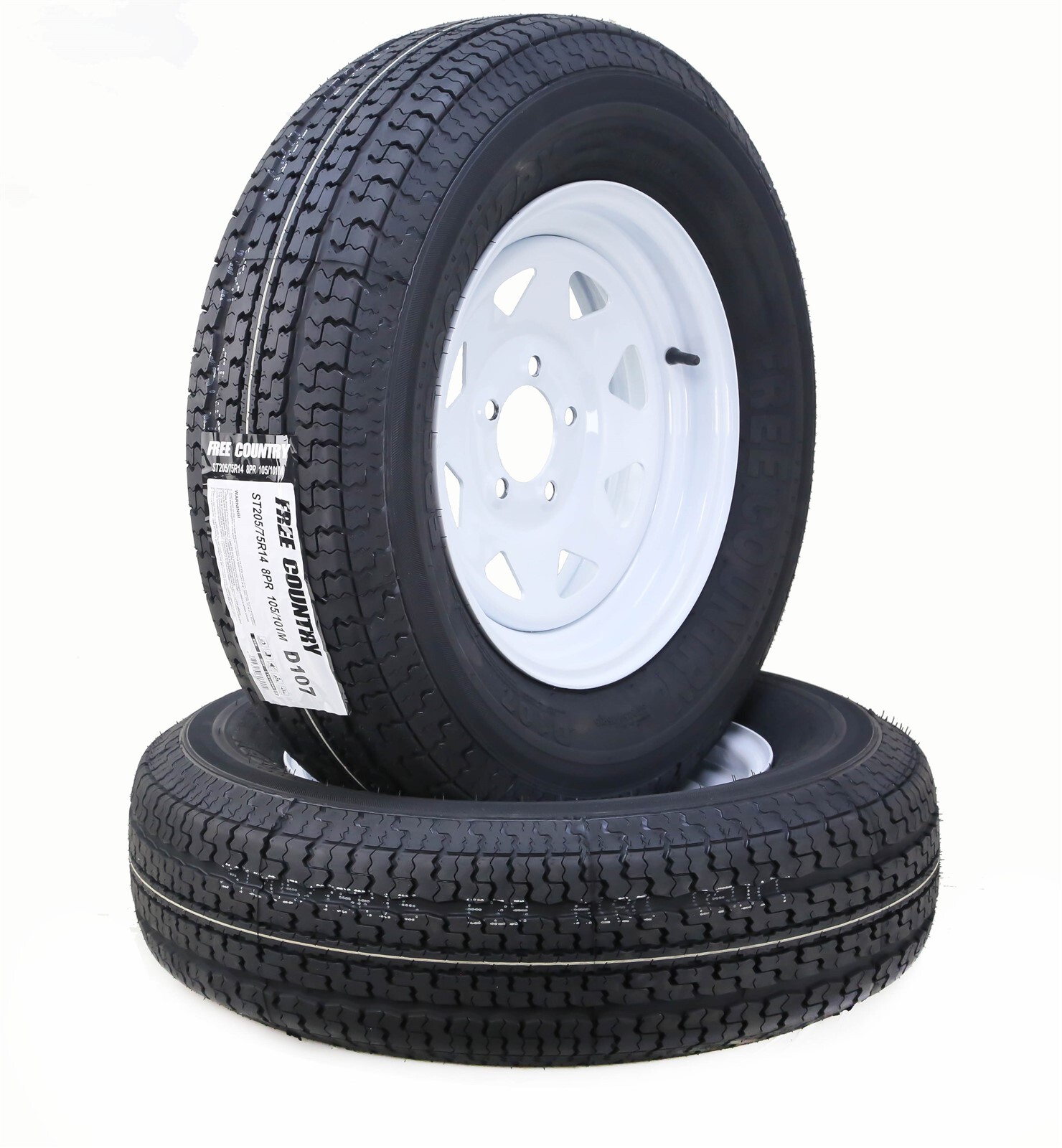 2 Free Country Trailer Tire Rim ST205/75R14 8-Ply D 105M 5 Lug x4.5″ White Spoke