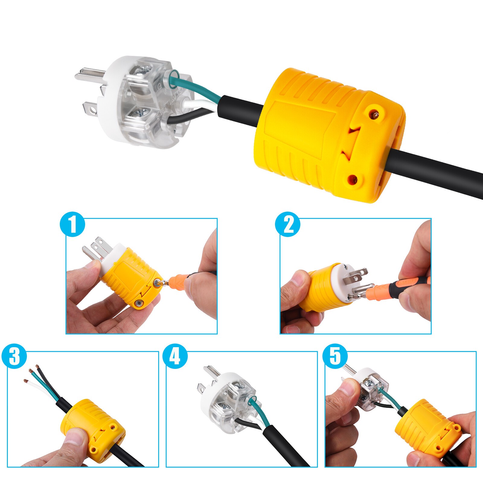 Extension Cord Ends Male Female Plug 15A 125V Replacement Plug Connector 5 Set
