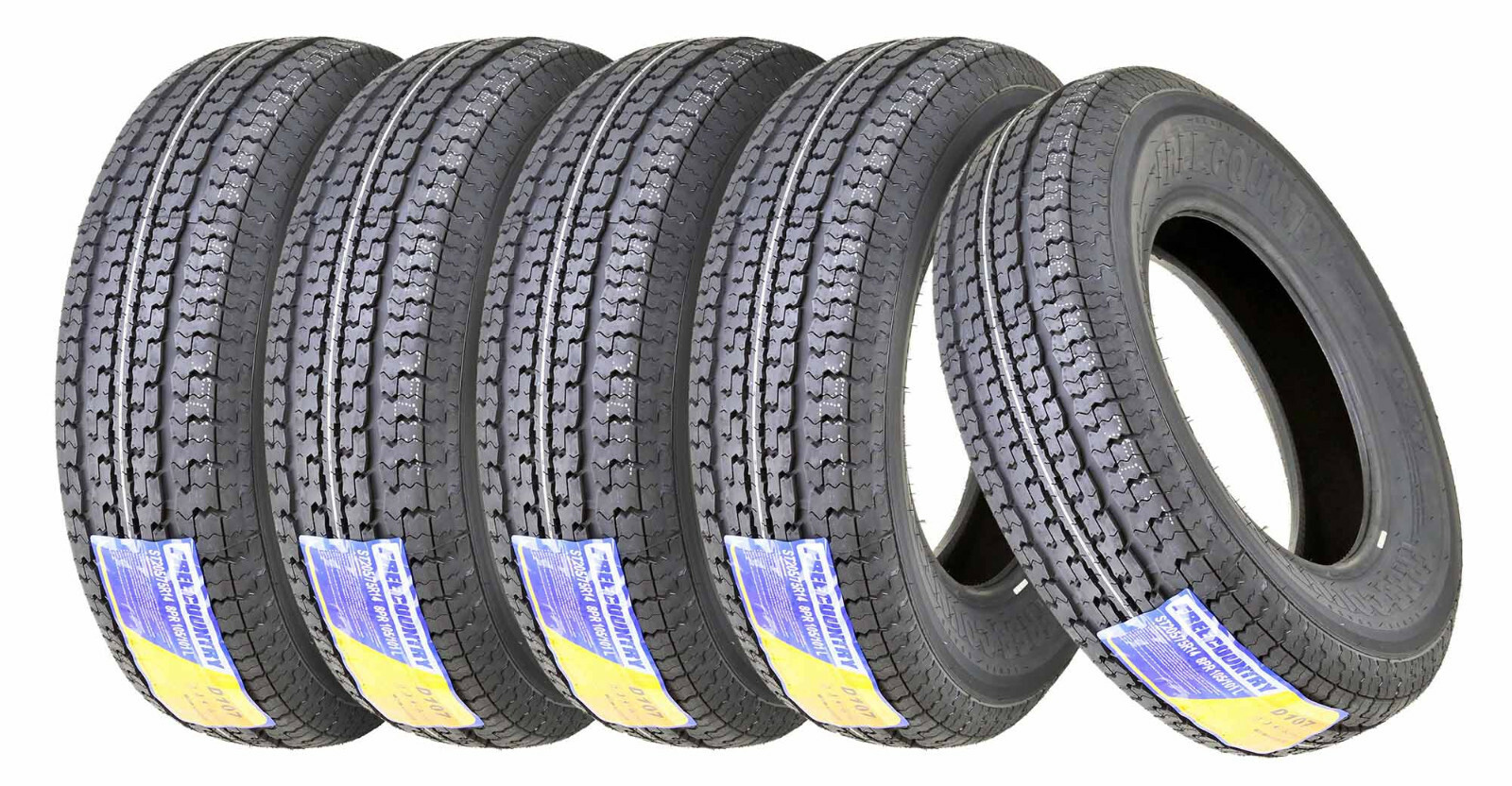 5 ST205 75R14 Trailer Tires FREE COUNTRY 8PR LR D Steel Belted w/Scuff Guard