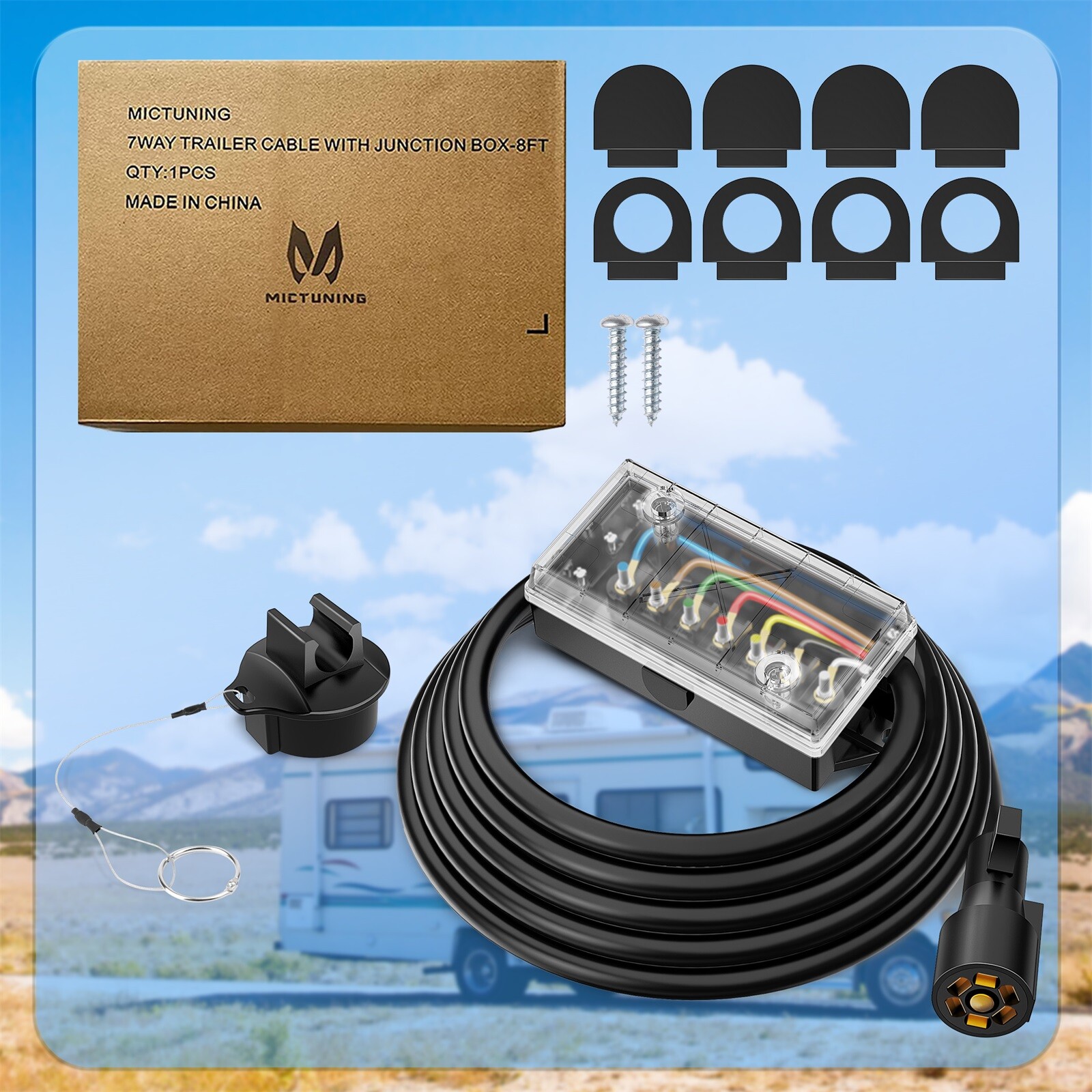 1Pc 8FT 7 Way RV Trailer Cord Plug Connector Junction Box with Transparent Cover