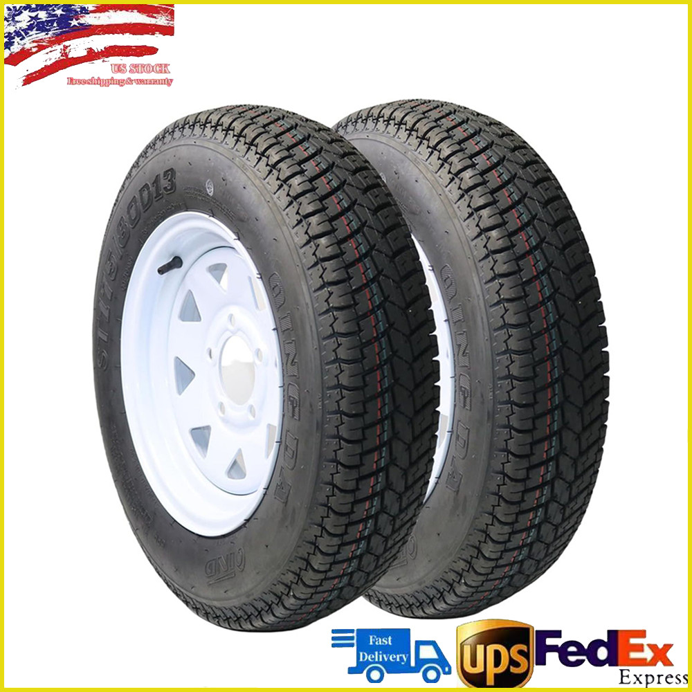 Set of 2, ST175/80D13 Trailer Tires with Rims, Load Range C, 5 Lug on 4.5″, 6PR