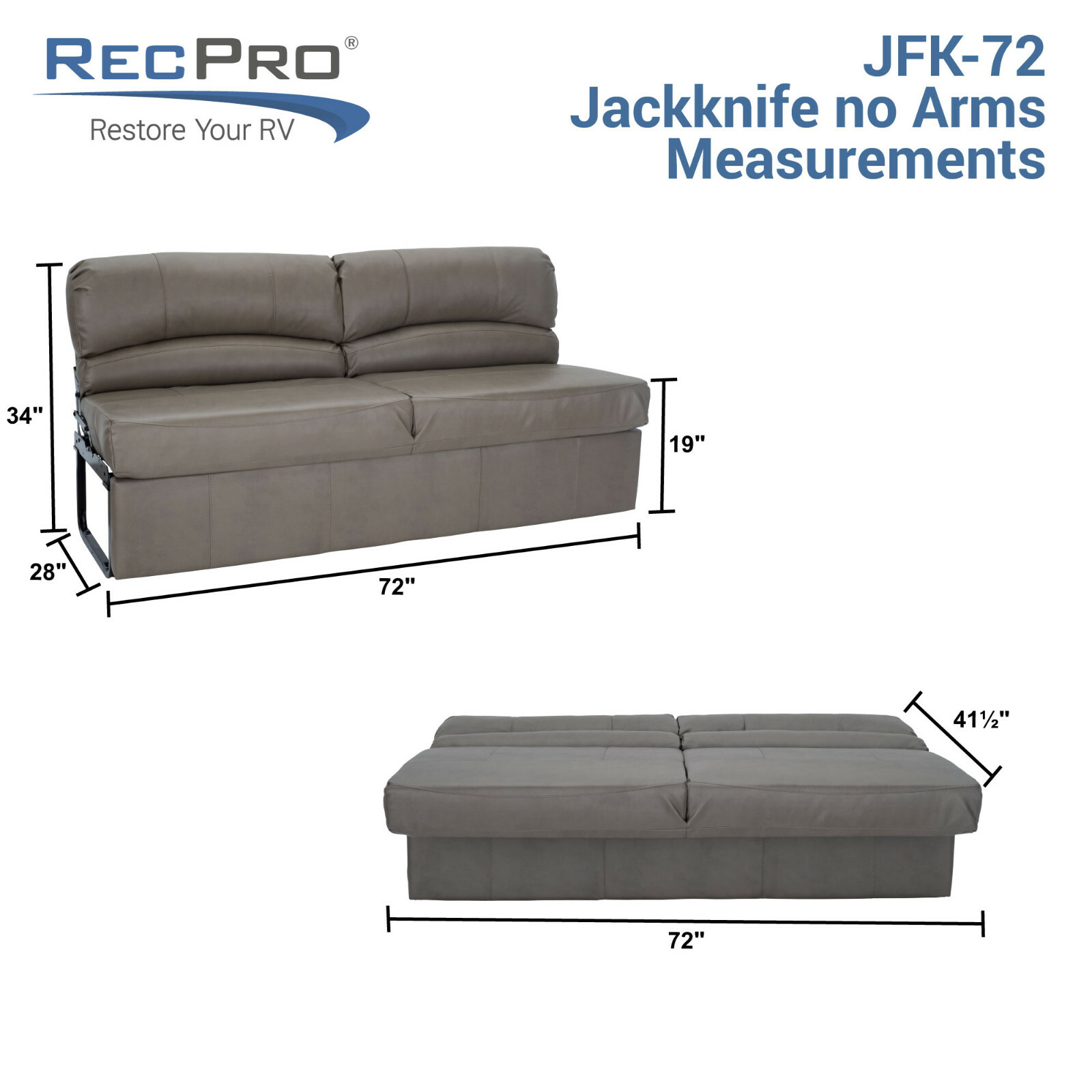 RV 72″ Jack Knife Sleeper Sofa Love Seat 11″ Legs RV Furniture in Fossil Cloth