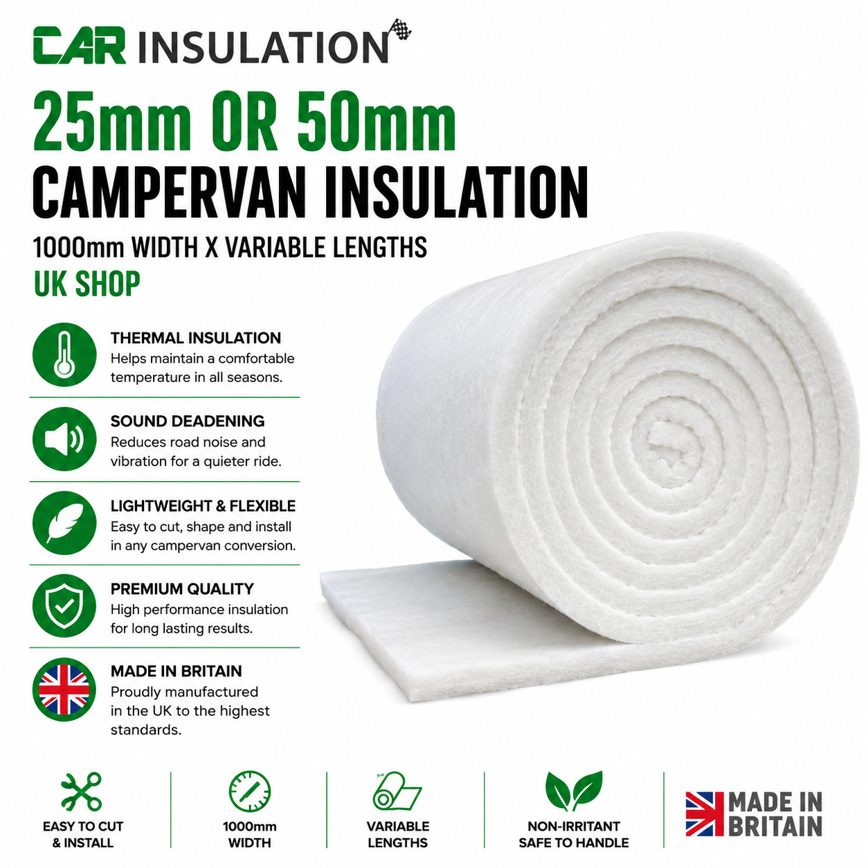 25mm or 50mm Campervan Insulation – 1000mm width x variable lengths, UK Shop