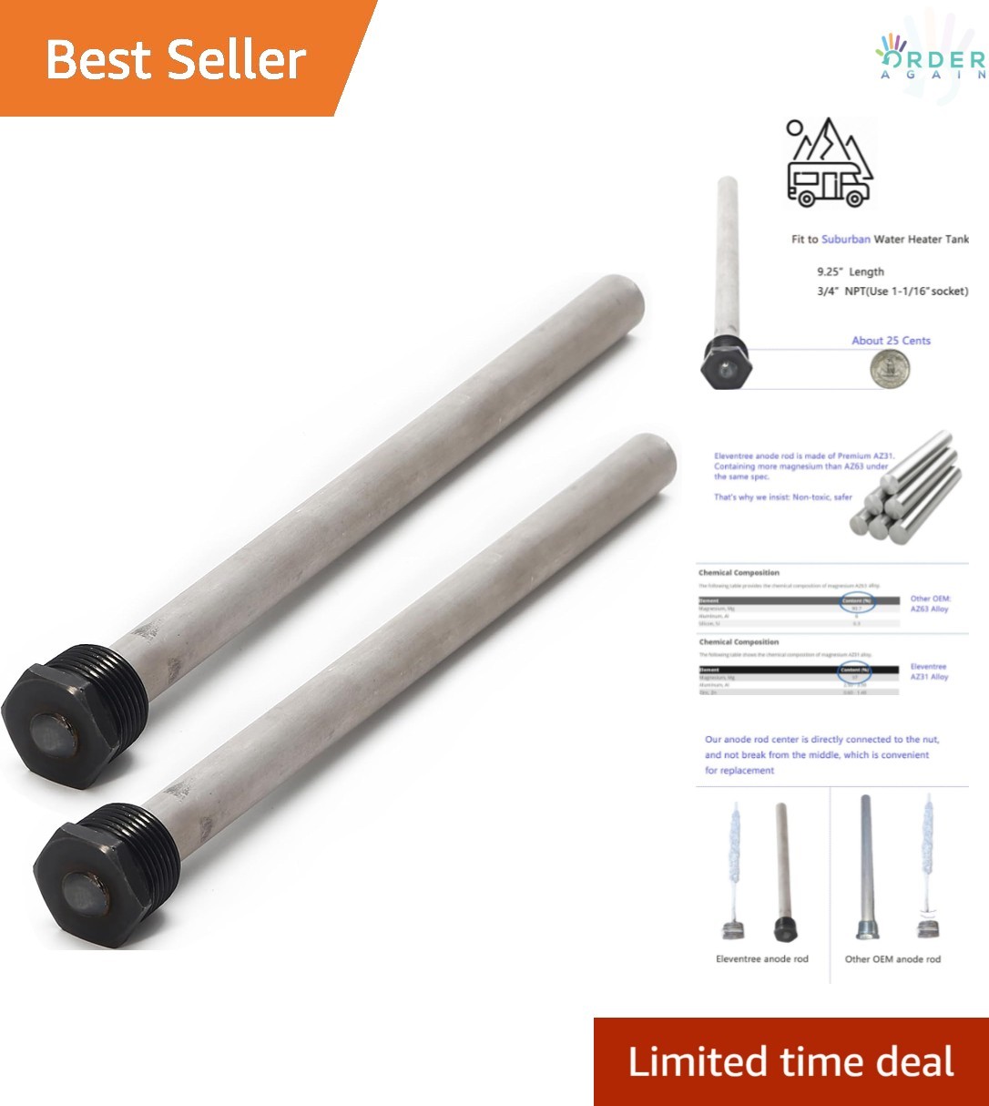2 Pack RV Water Heater Anode Rods Magnesium 9.25″ Replacement for Suburban