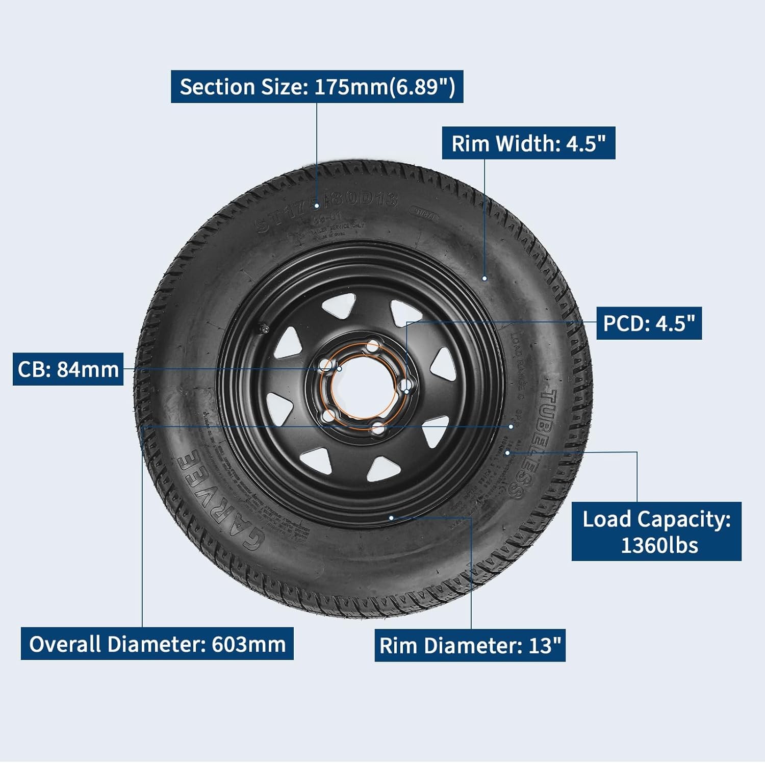 2-Pack ST175/80D13 Trailer Tires with Rims, 5 Lug on 4.5″ Bolt Pattern, 6PR Load