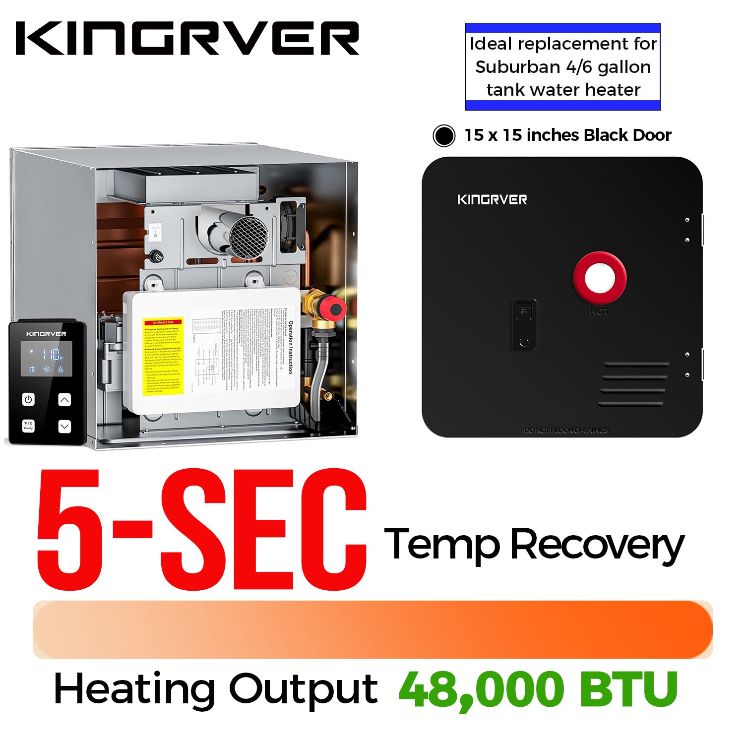 RV Tankless Water Heater Propane 2.5GPM 48000BTU Instant Hot Water W/ 15*15 Door
