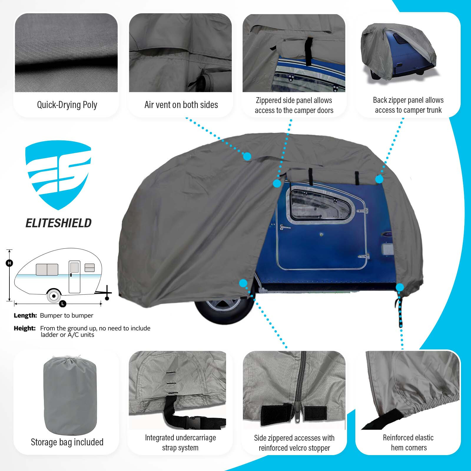 Deluxe Little Guy Micro Max Teardrop Travel Trailer Campe Cover w/ zipper access
