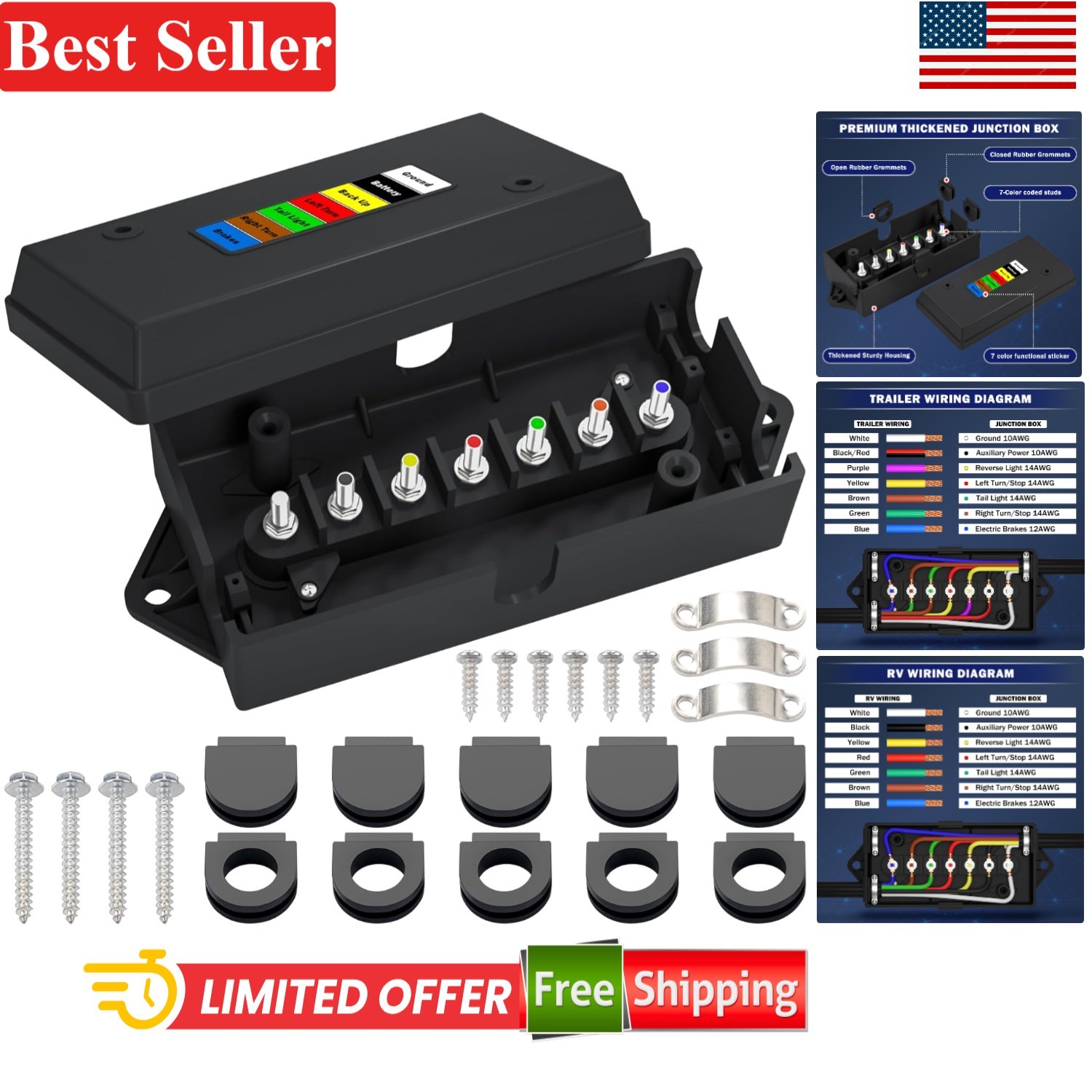7 Way Trailer Junction Box Weatherproof 7 Pin Wiring Box for RV Camper Trailer