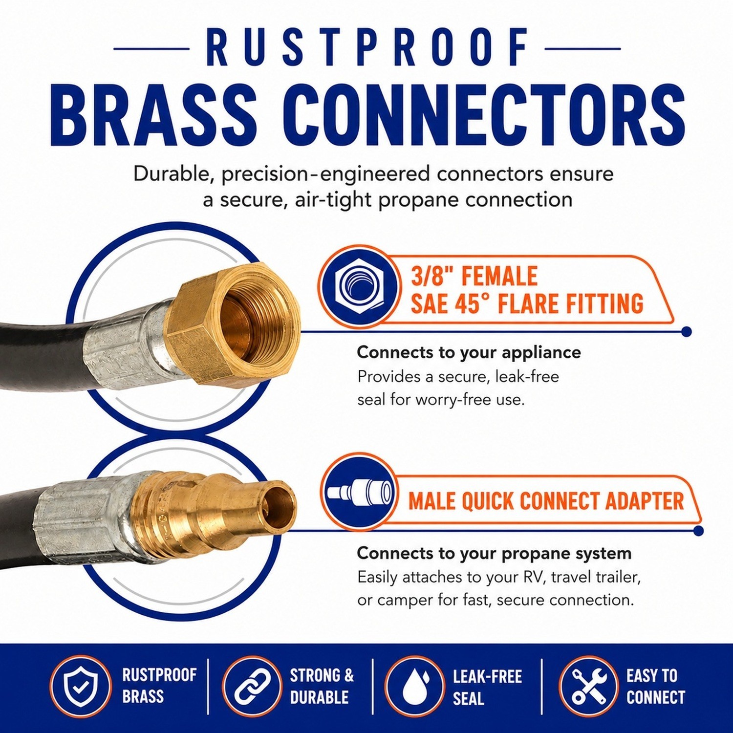 48″ RV Propane Hose 1/4″ Male Quick Disconnect Plug × 3/8″ Female Flare Swivel
