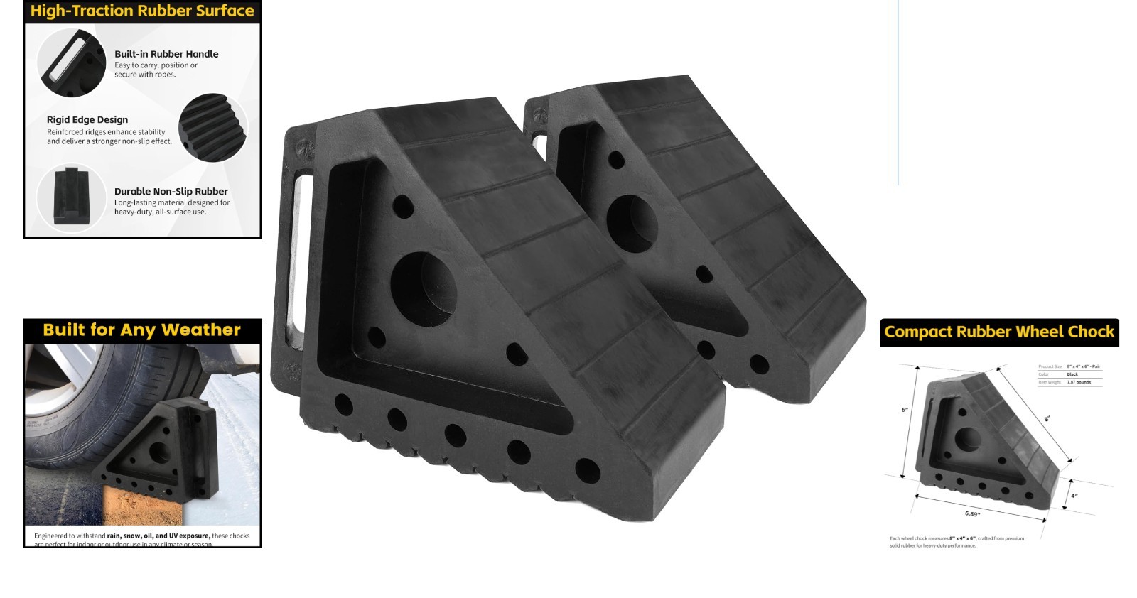 All-Weather Rubber Wheel Chock 2-Pack – 8″ x 4″ x 6″ | Built-In Handle Included