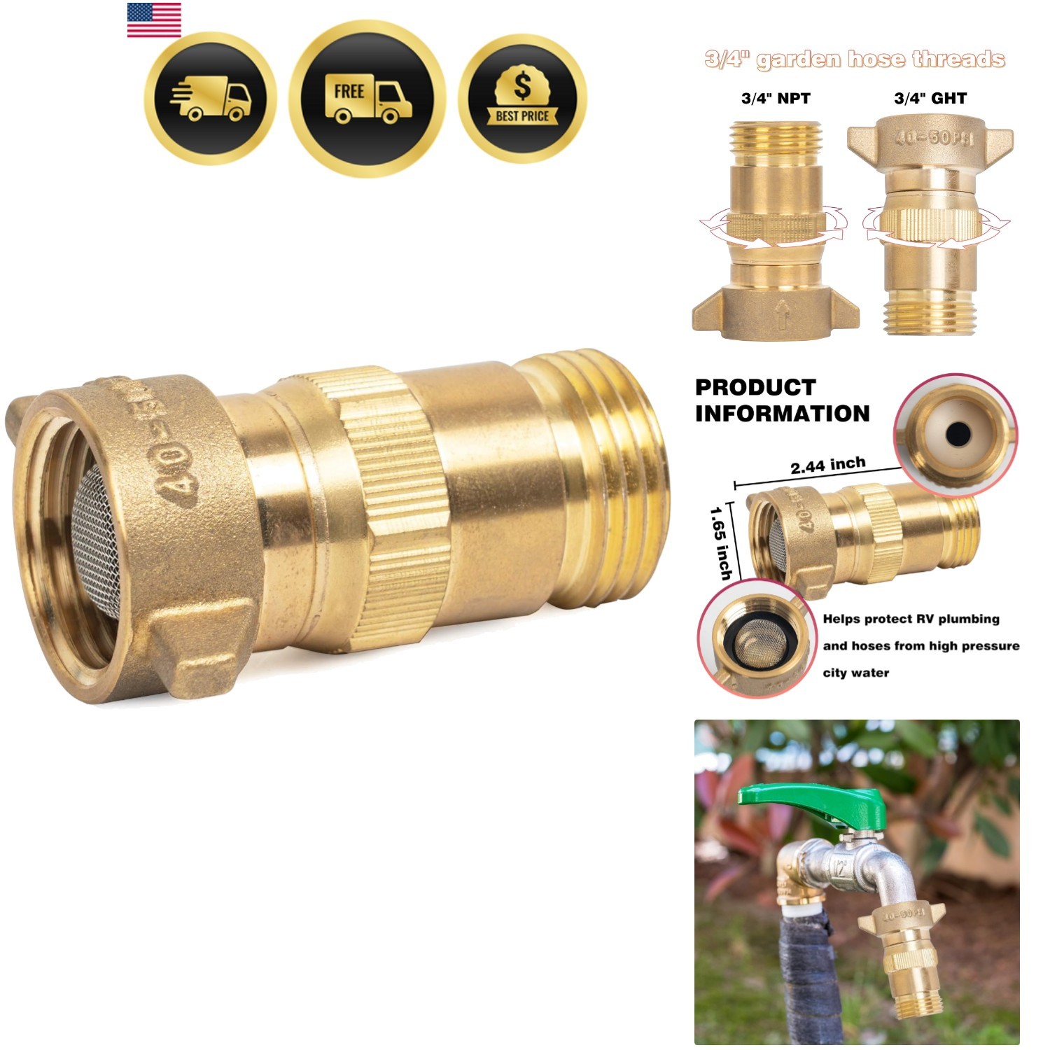 Brass RV Water Pressure Regulator, Water Regulator for RV Camper with Filter …