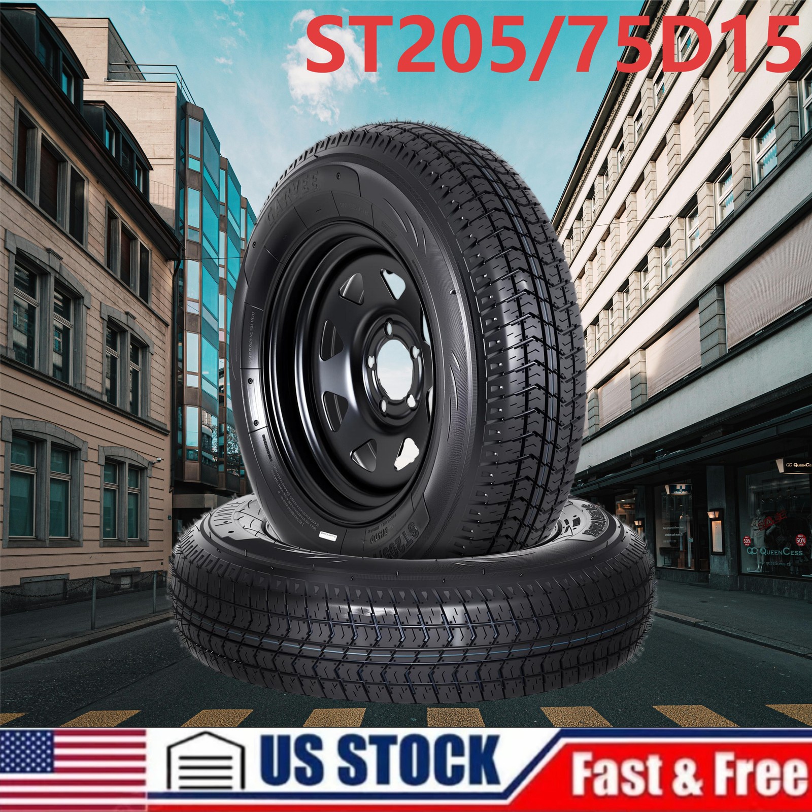 ⭐2 Pack ST205/75D15 Trailer Tires with 15″ Rims 5 Lug 6 Ply Load Range C Black