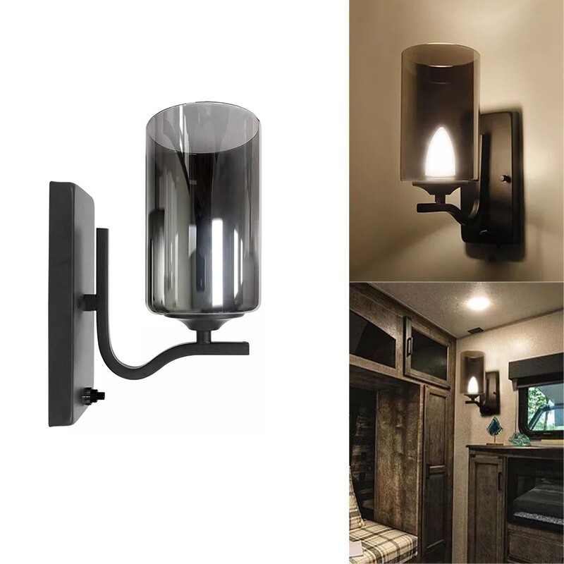 12V RV LED Glass Wall Sconce Light Fixture Camper Trailer Matte Black Warm W