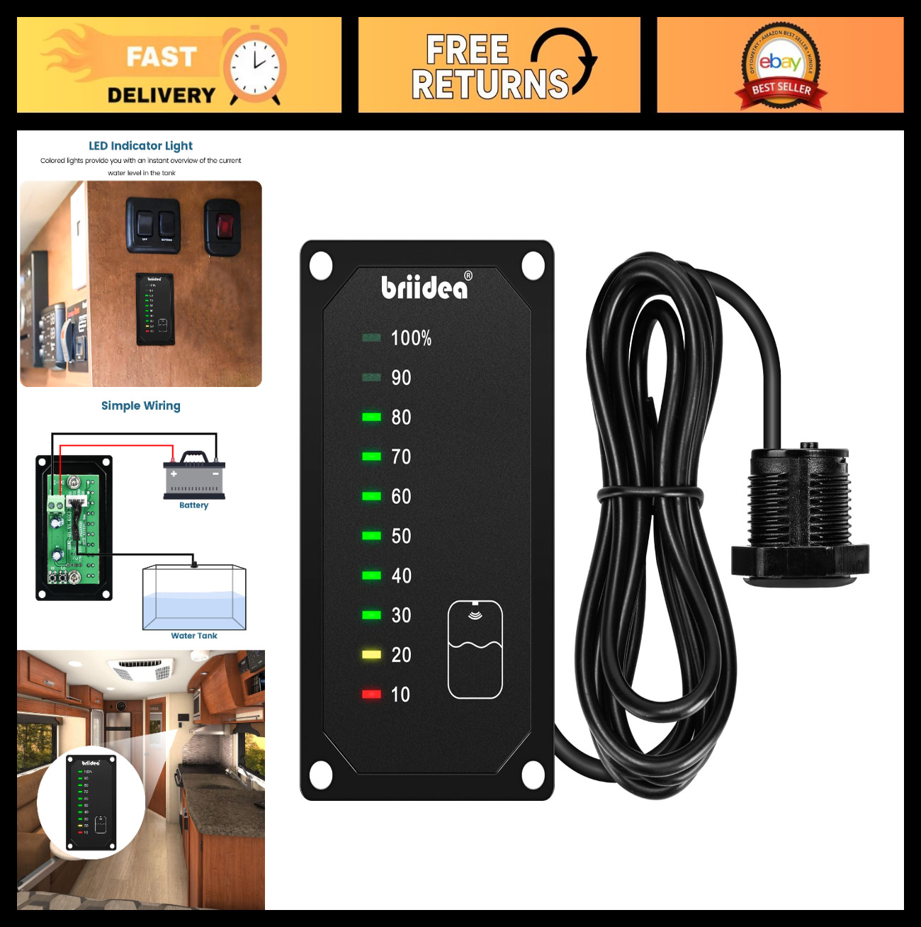 RV Water Tank Level Monitor with LED Indicator – 7-32V DC Sensor for Motorhome,