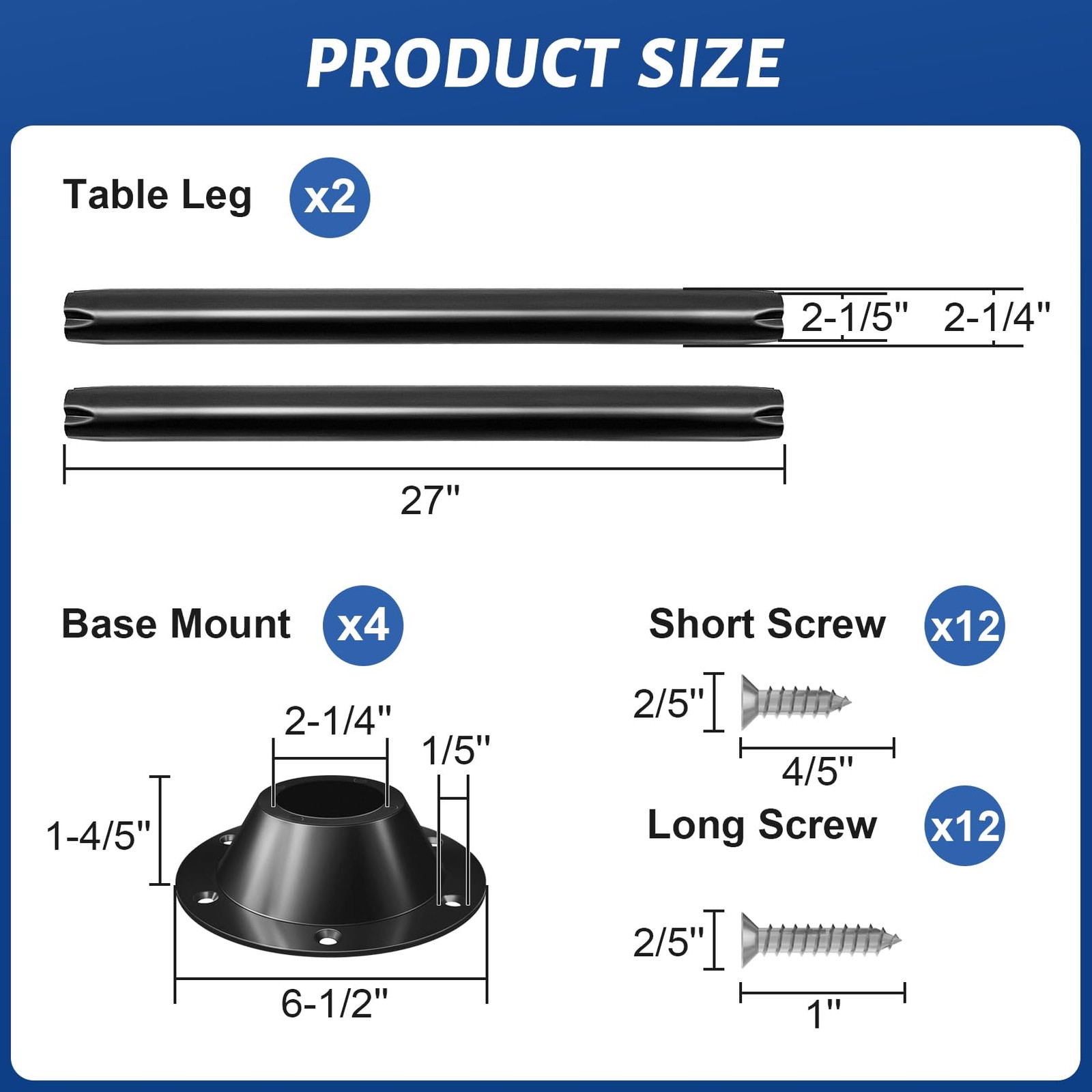 Hobuska 27″ RV Table Leg & Base Mount Kit Black Matte, 2 Legs & 4 Bases