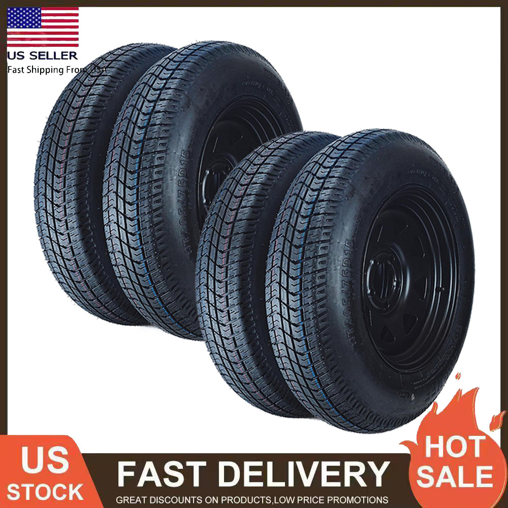 Set of 4 Trailer Tires with Rim ST205/75D15 6-Ply Black Spoke Rim 5 Lug on 4.5″