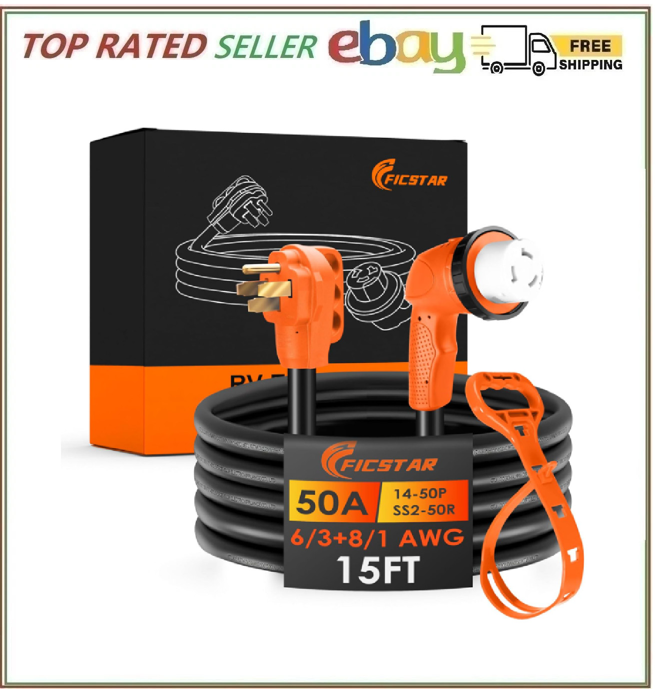 50 Amp RV Extension Cord 15 ft Heavy Duty Twist Lock NEMA 14-50P to SS2-50R