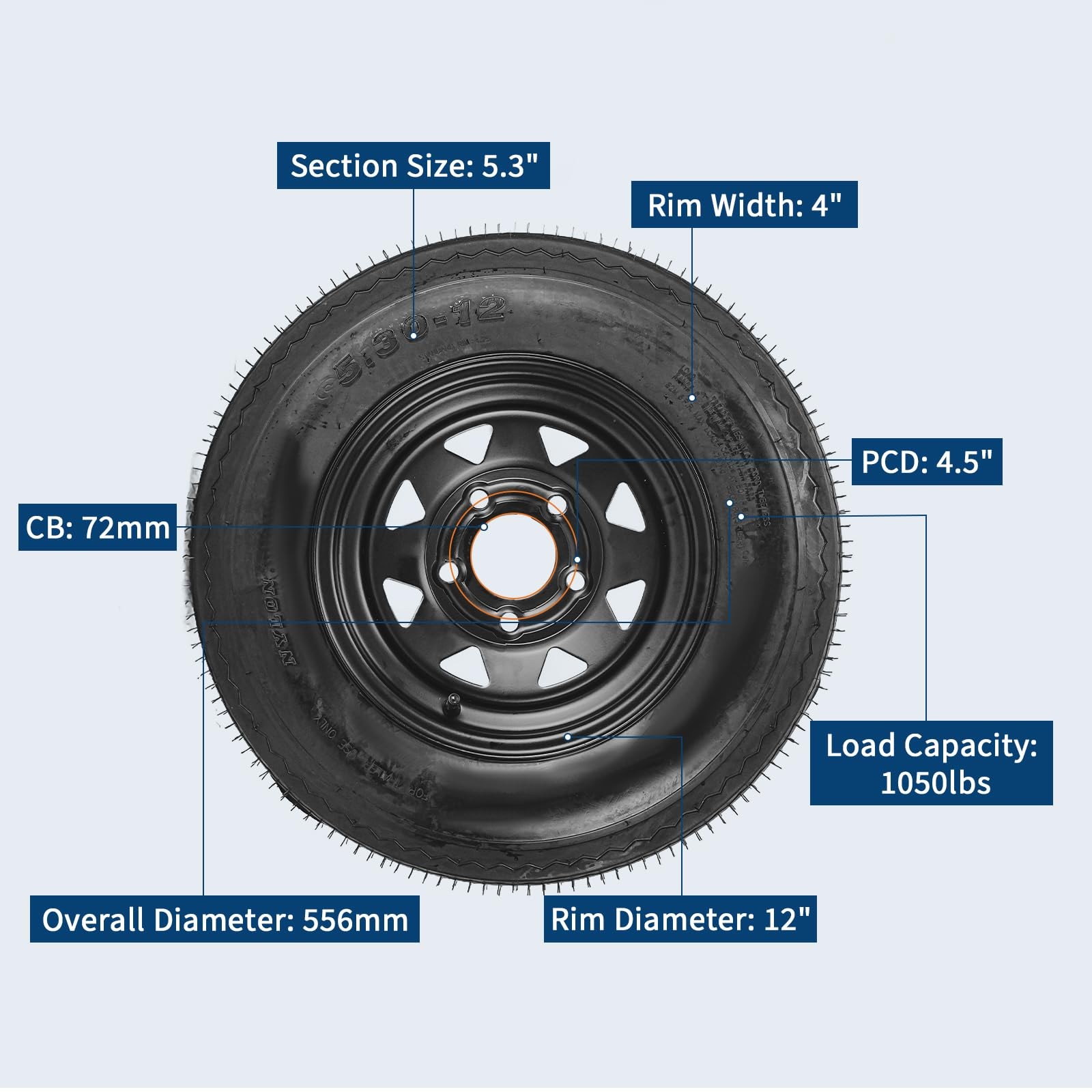 2pcs Trailer Tire and Wheels 5.30-12 530-12 5.30×12 5 Lug w/13″ Rims ,6PR Tires