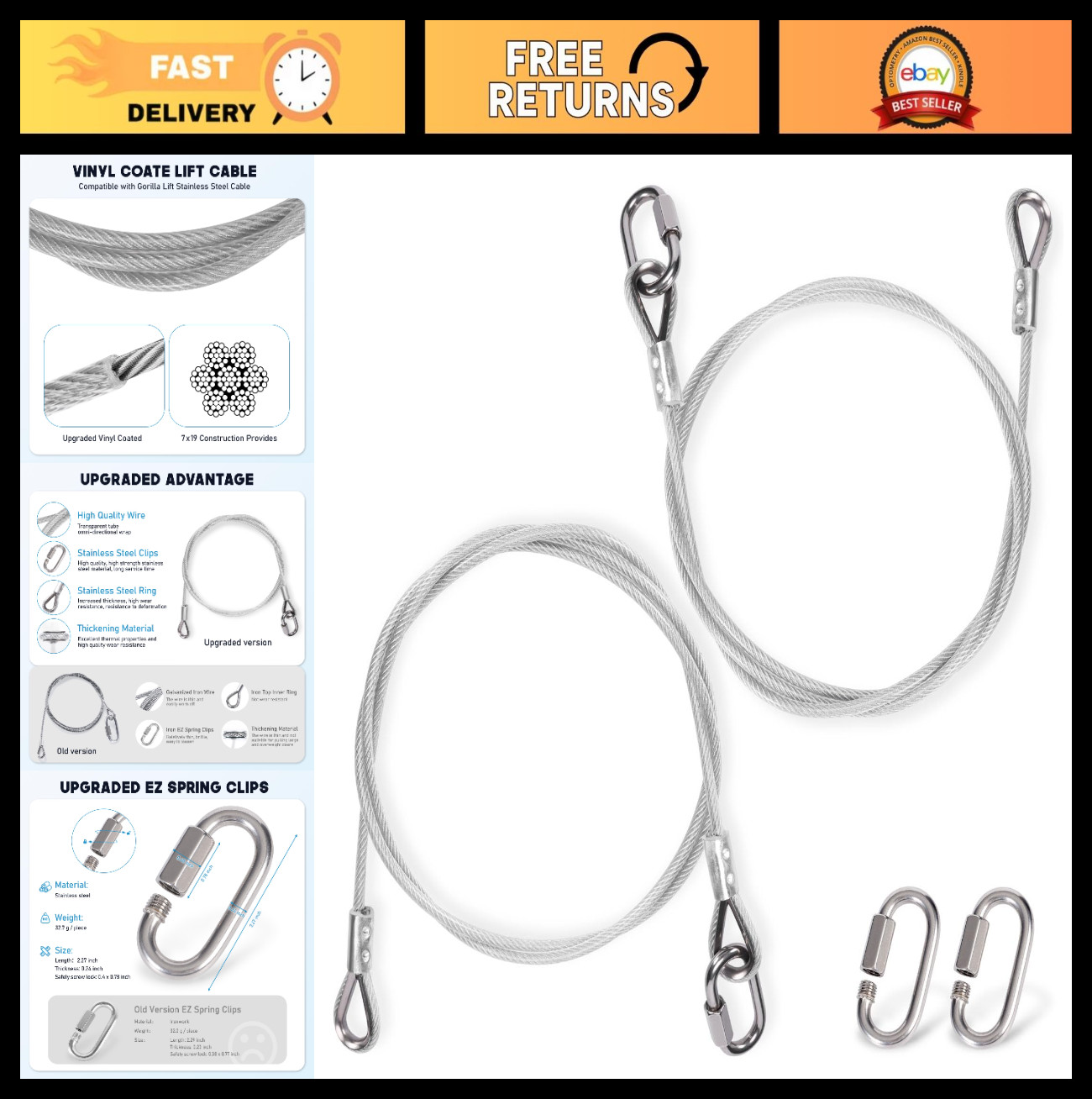 Upgraded Lift Cable Set – 2 Nylon Coated Stainless Cables + 4 Quick Links for Ut
