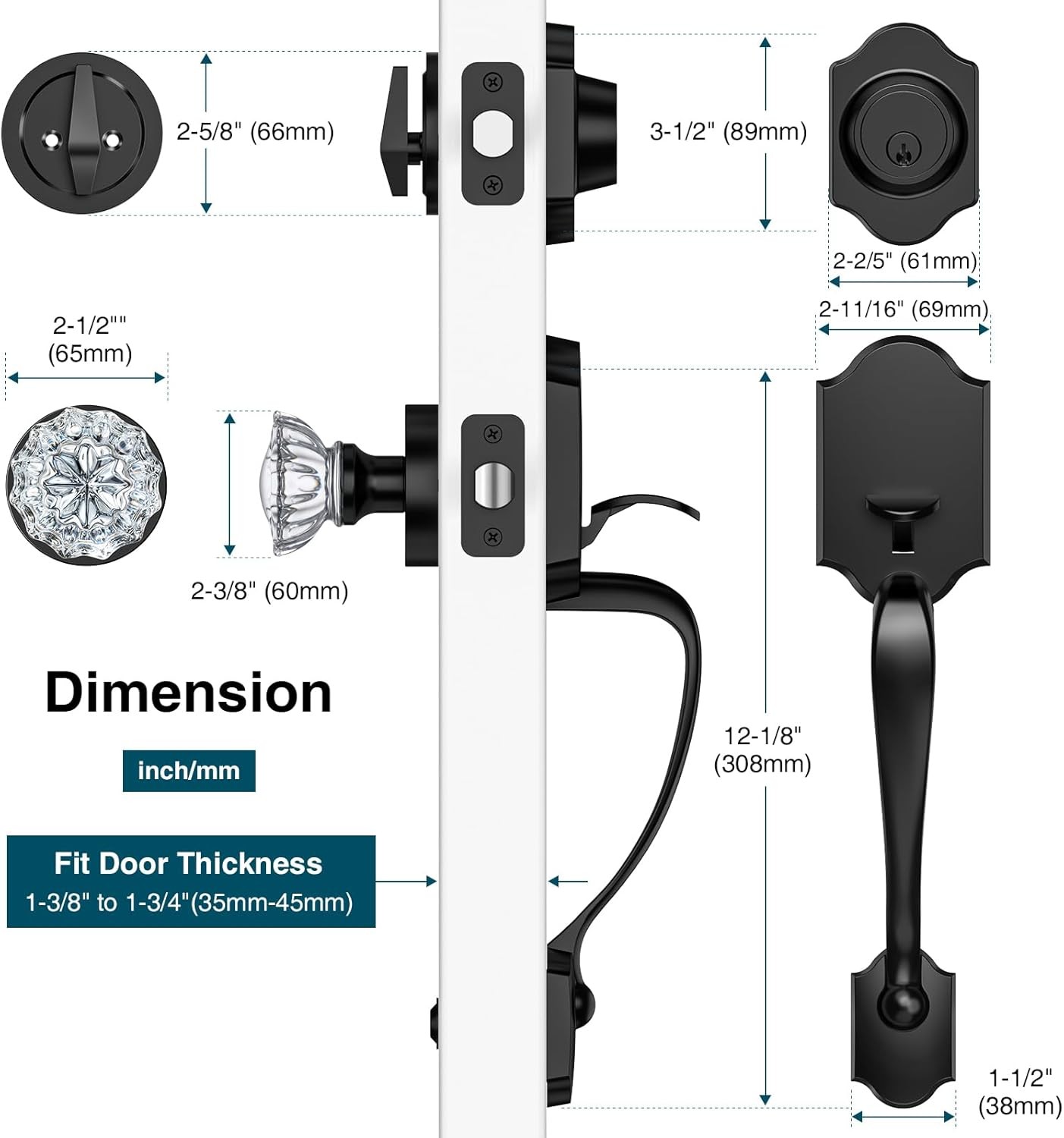 Black Front Door Handle and Deadbolt Set, Lock Set Matte